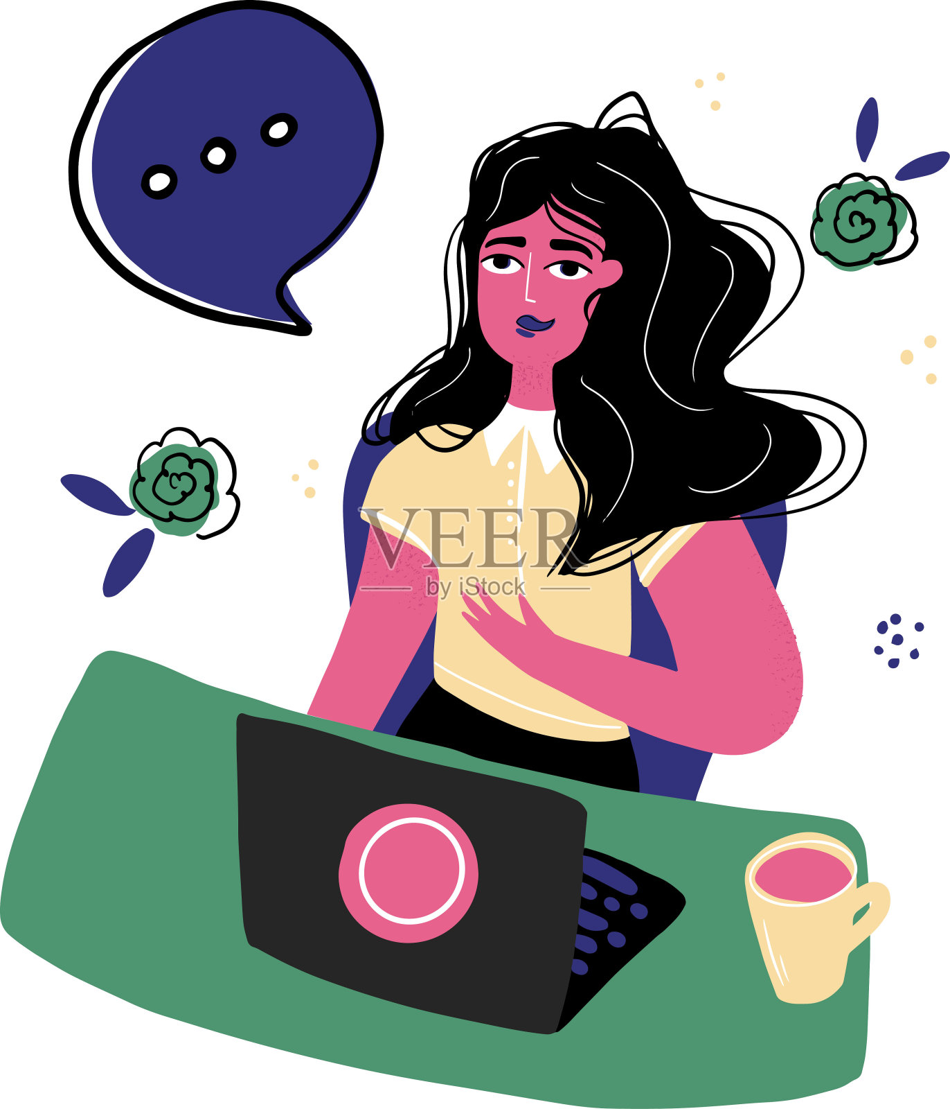 播客，电台主持人与麦克风矢量插图。播客工作室和媒体主持，广播涂鸦。女性播音员在工作场所扁平人物孤立在白色背景。插画图片素材