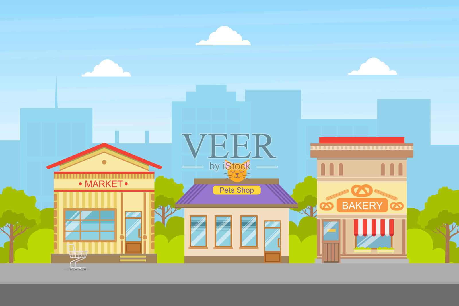 采购产品市场，宠物商店，面包店建筑立面，城市街道，城市夏季景观矢量插图插画图片素材