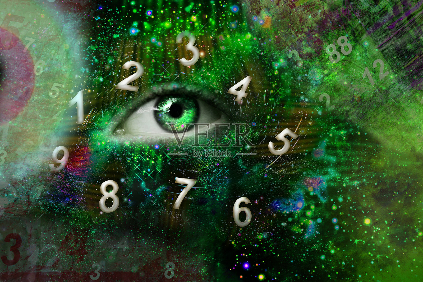 女性的眼睛在空间和周围的数字，命理学照片摄影图片