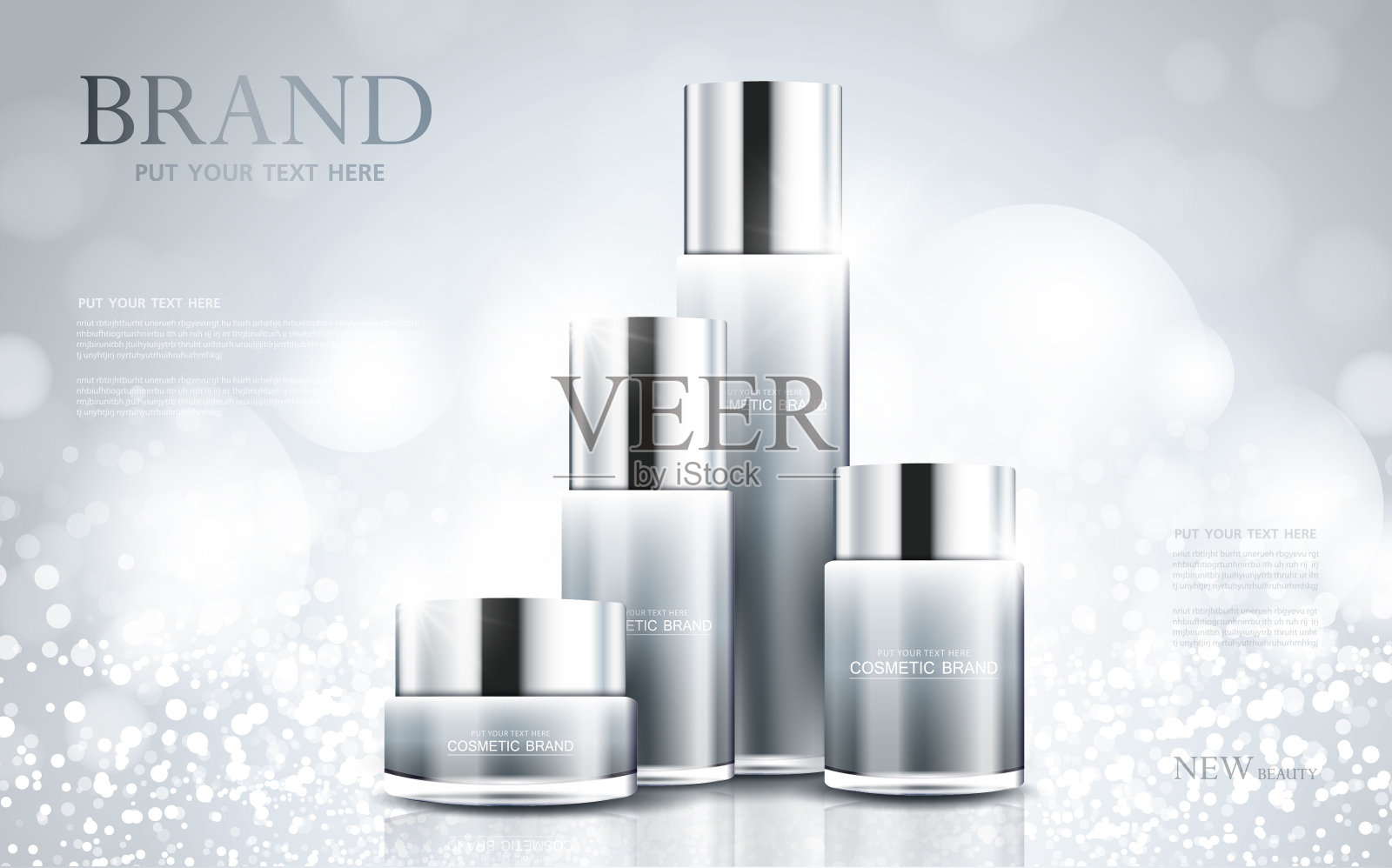 化妆品海报，瓶子包装设计与保湿霜或液体，闪闪发光的背景与闪光波尔卡，矢量设计。插画图片素材