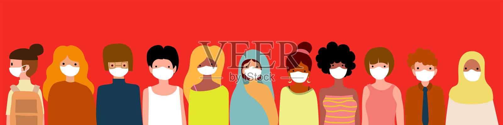 男女佩戴医用防护口罩以预防病毒。冠状病毒防护面具。戴着白色医用口罩的人插画图片素材