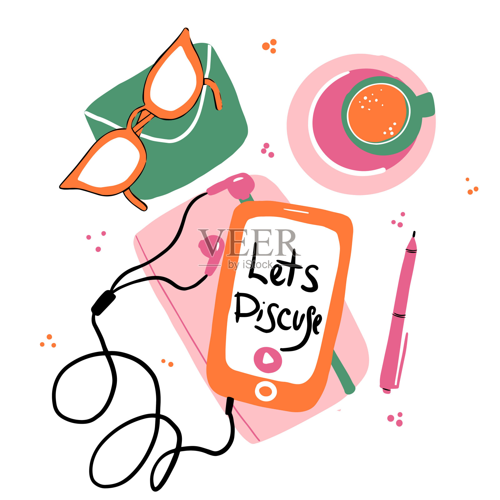 电话在桌上与播客在屏幕上，呆在家里在线播客让我们聊天，耳机，眼镜。手绘涂鸦风格插画图片素材