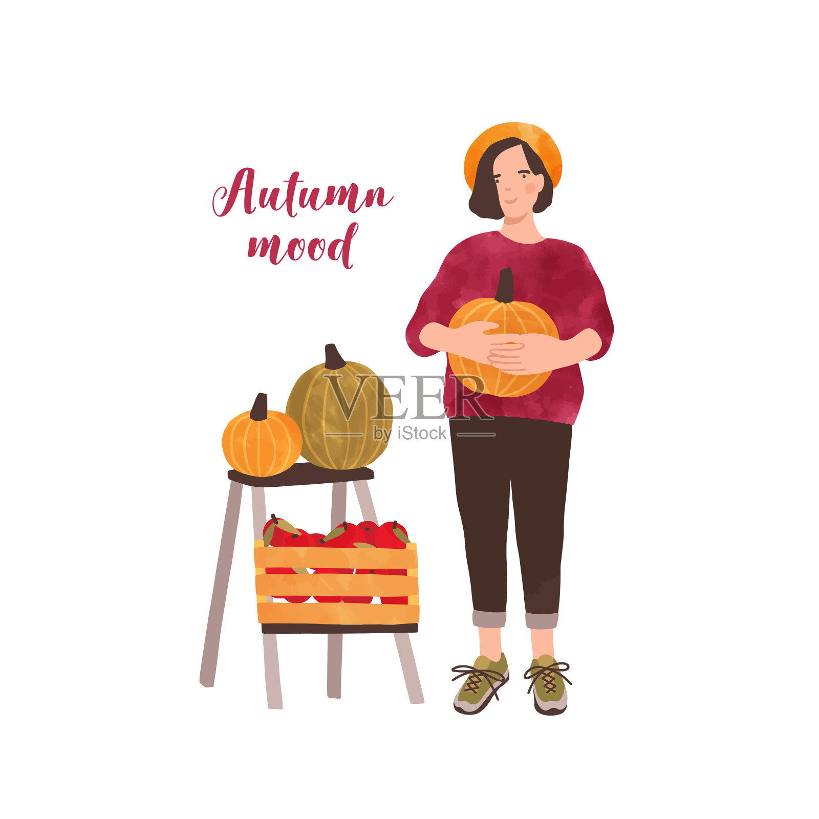 秋天心情明信片扁平模板女孩设计元素图片