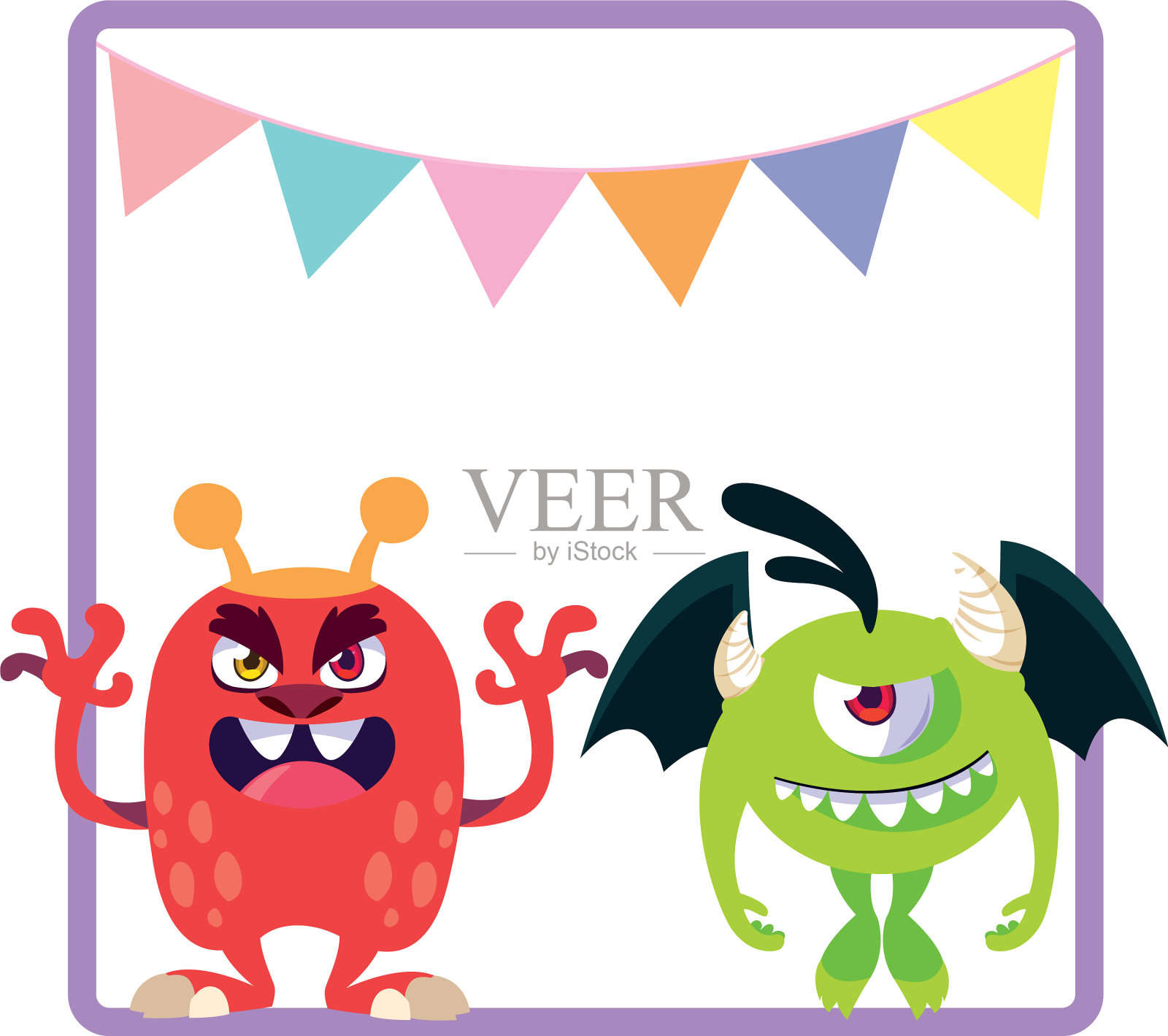 有有趣的怪物和花环的方形框架设计元素图片