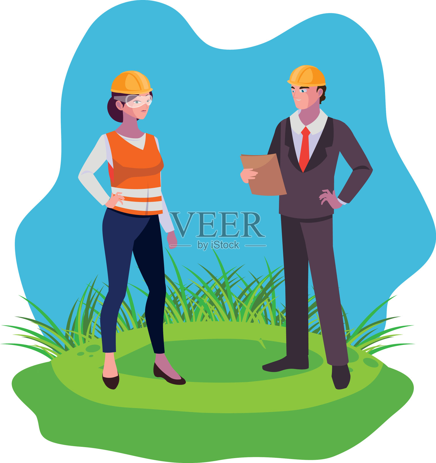 工程师和女建筑工人在草坪上设计元素图片