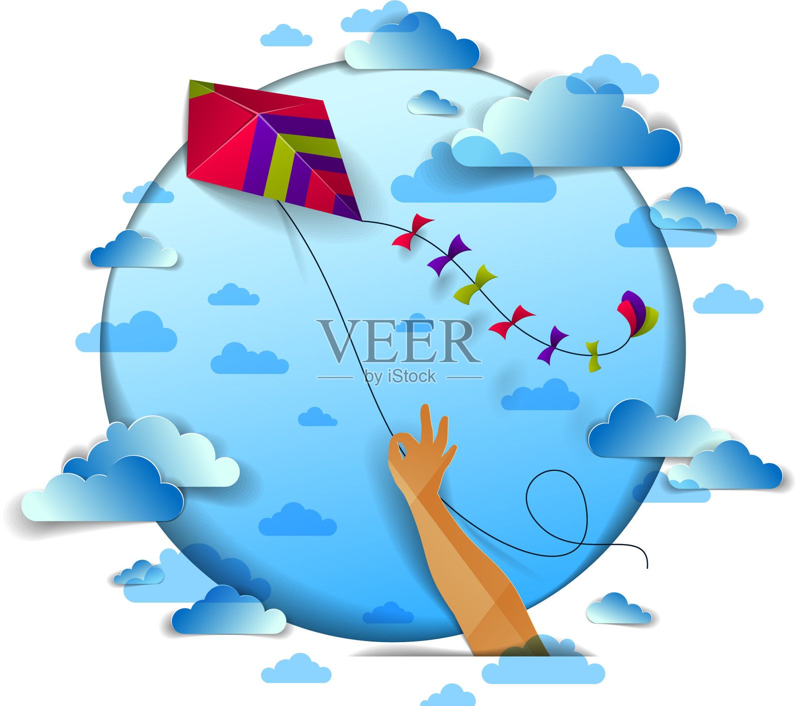 手牵着风筝飞越多云的天空，自由自在设计元素图片