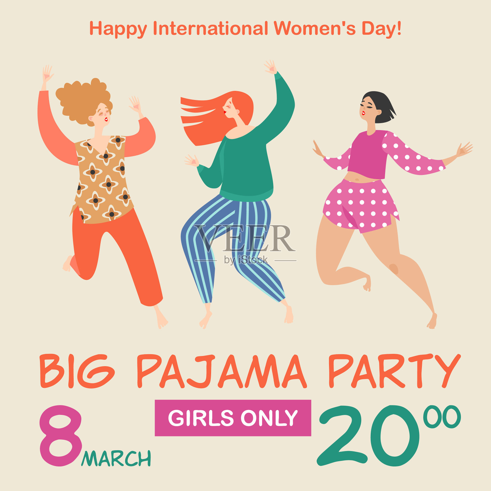 睡衣派对和三个有趣的卡通女孩插画图片素材