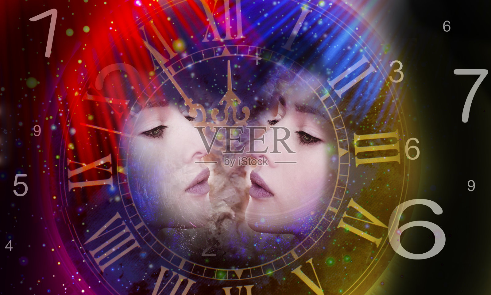 女人的脸夹在钟的指针和数字之间照片摄影图片