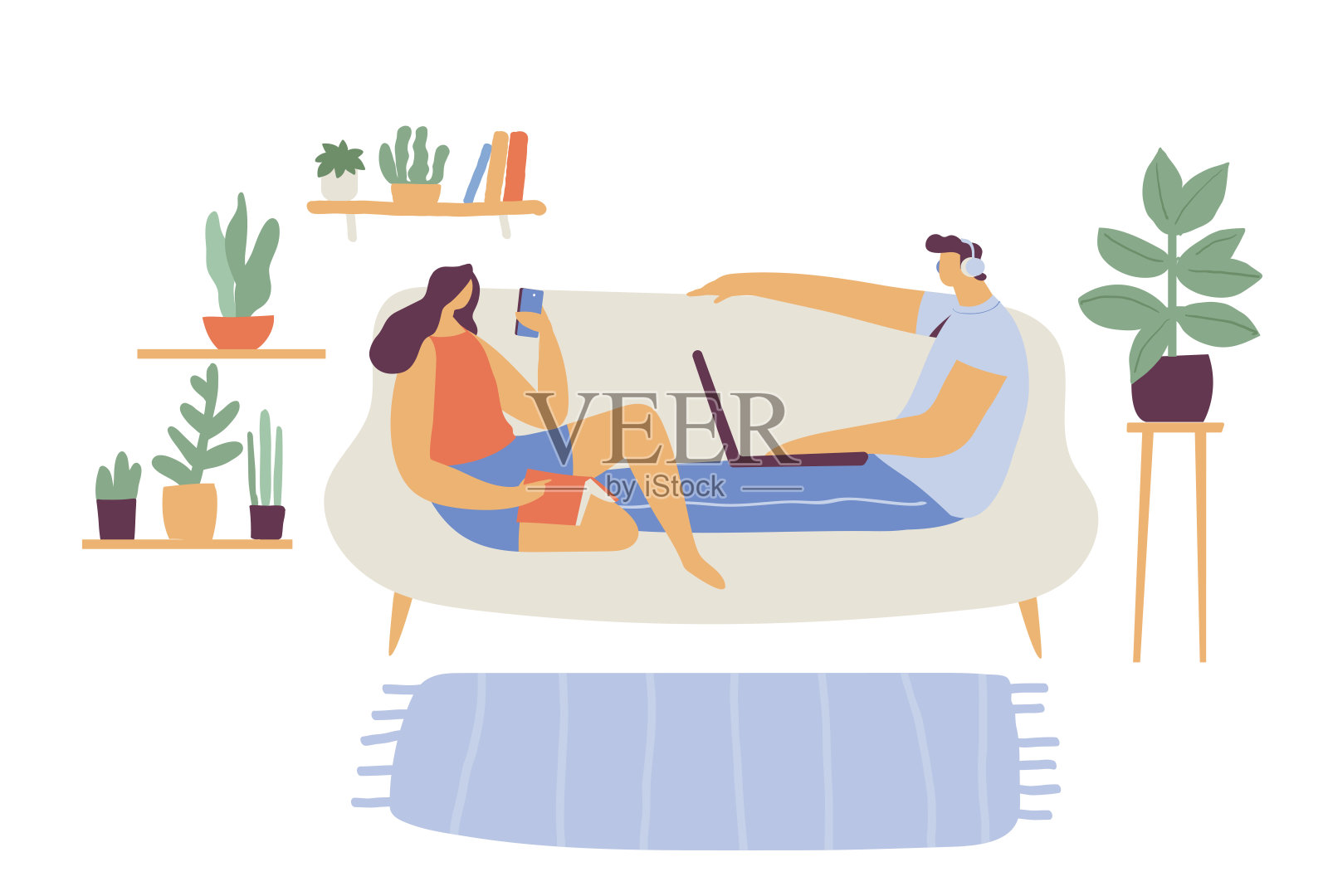 夫妇花时间在家平面矢量插图。插画图片素材