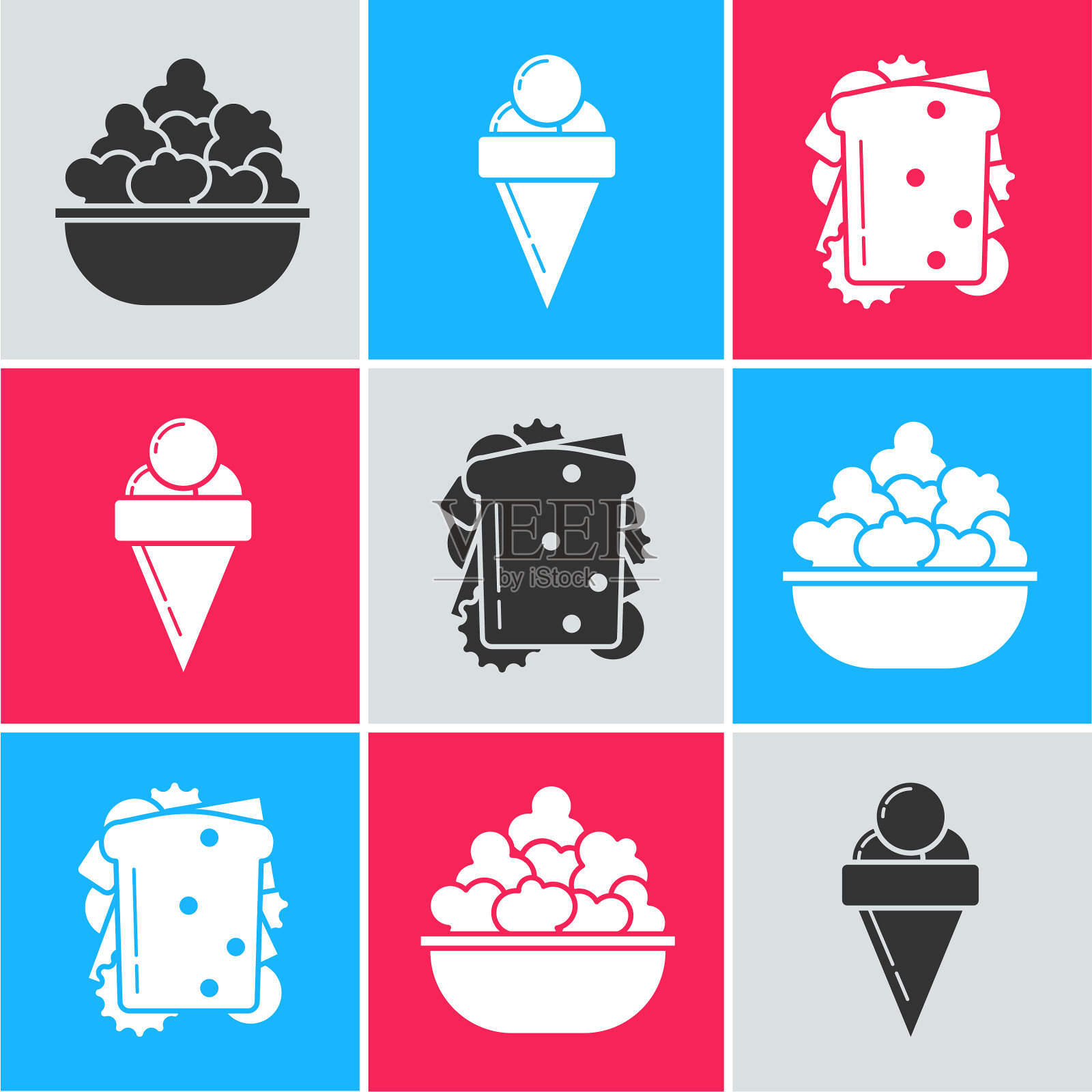 爆米花放在碗里，冰淇淋放在华夫筒里图标素材