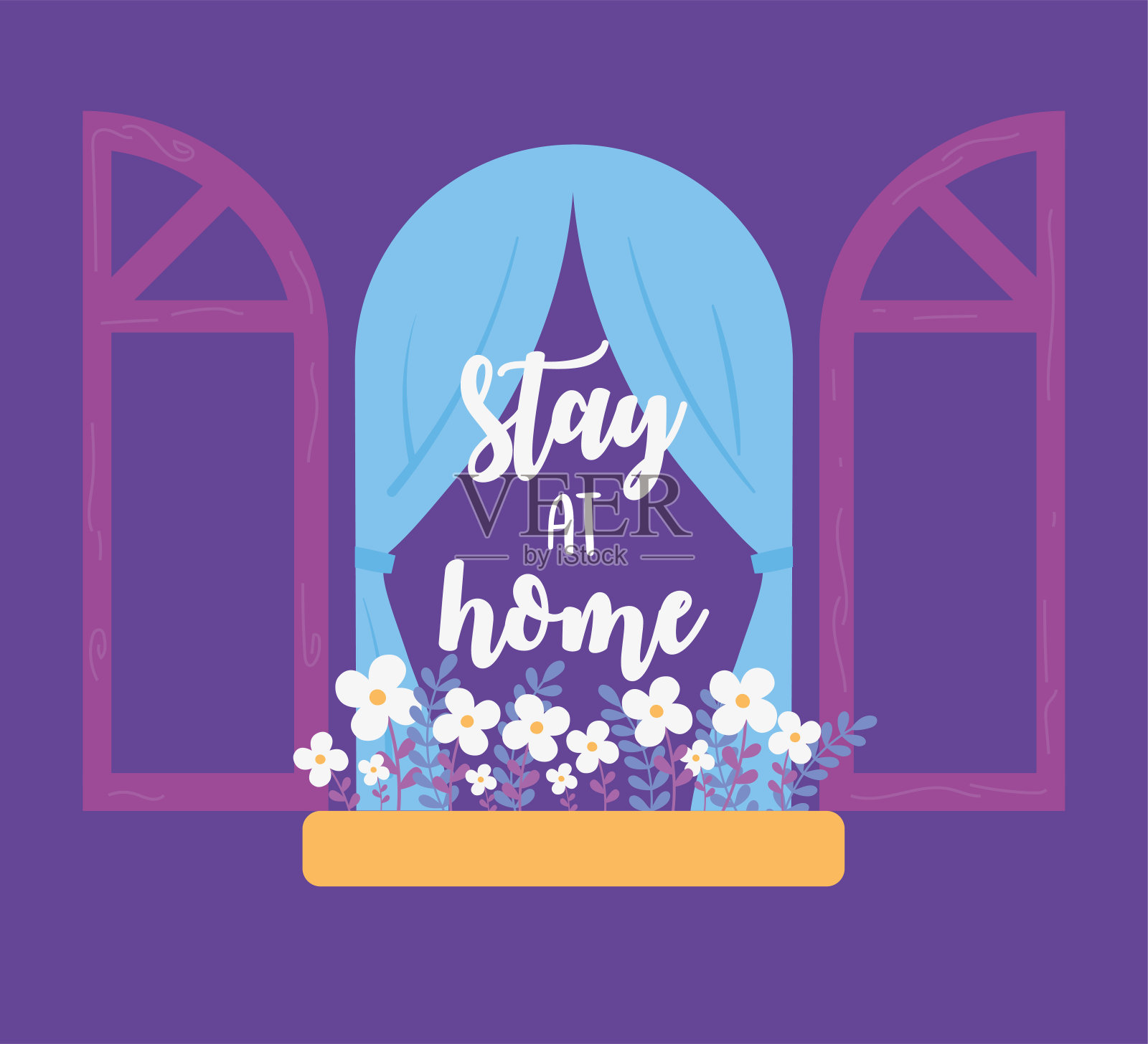 19、冠状病毒短信，待在家里，窗边挂鲜花插画图片素材