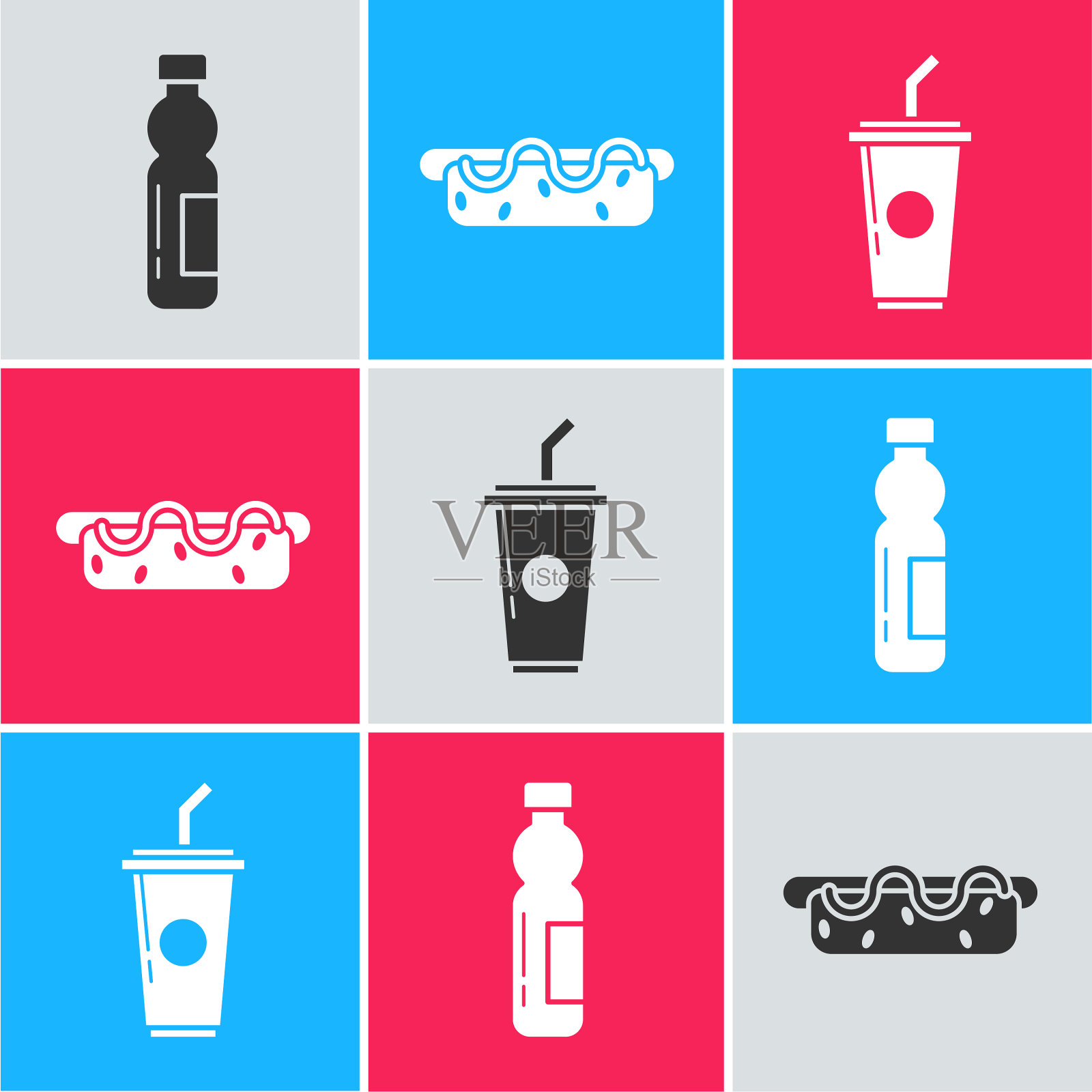 设置瓶装水热狗三明治与芥末图标素材