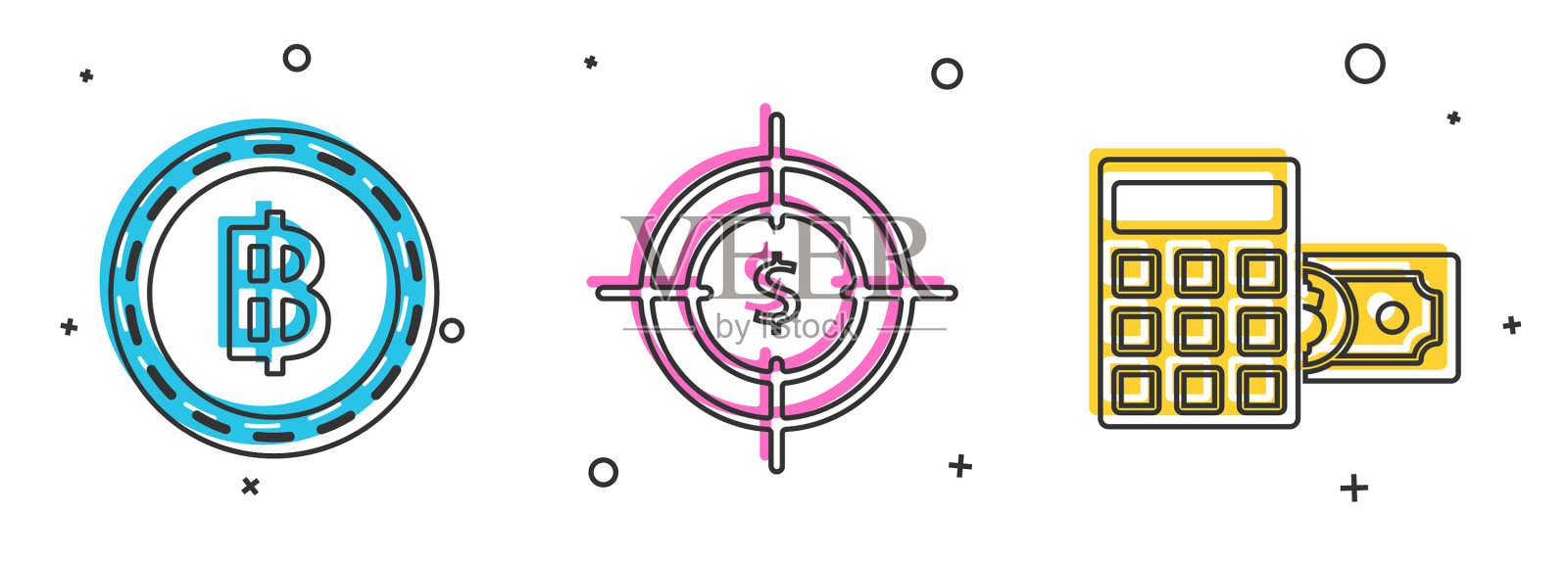 设定加密货币比特币目标与图标素材