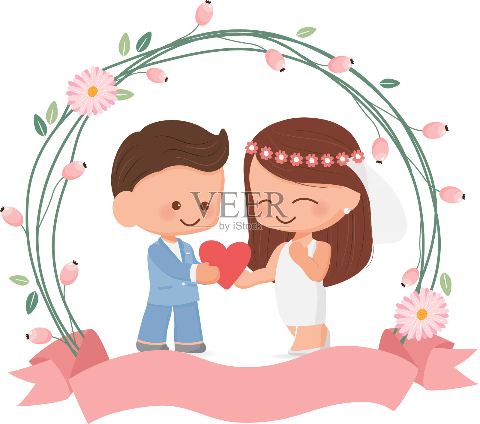 可爱的新婚夫妇在花花环平风格插画图片素材