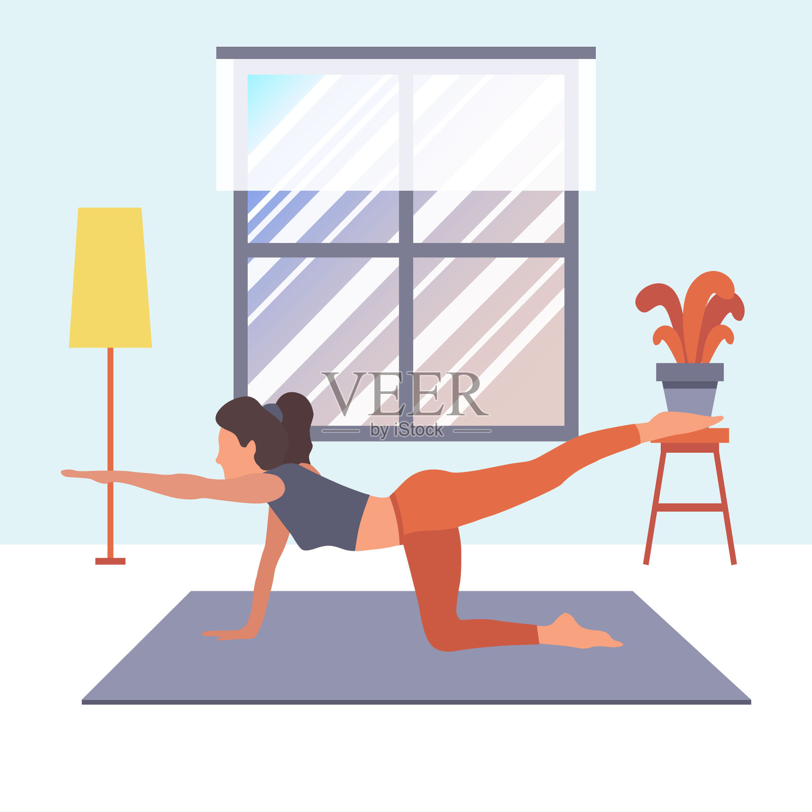 一个女孩在家里做运动，通过锻炼增加压力和臀部插画图片素材