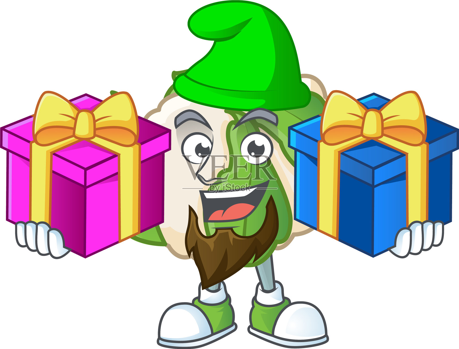 欢乐的花椰菜卡通设计与圣诞设计元素图片