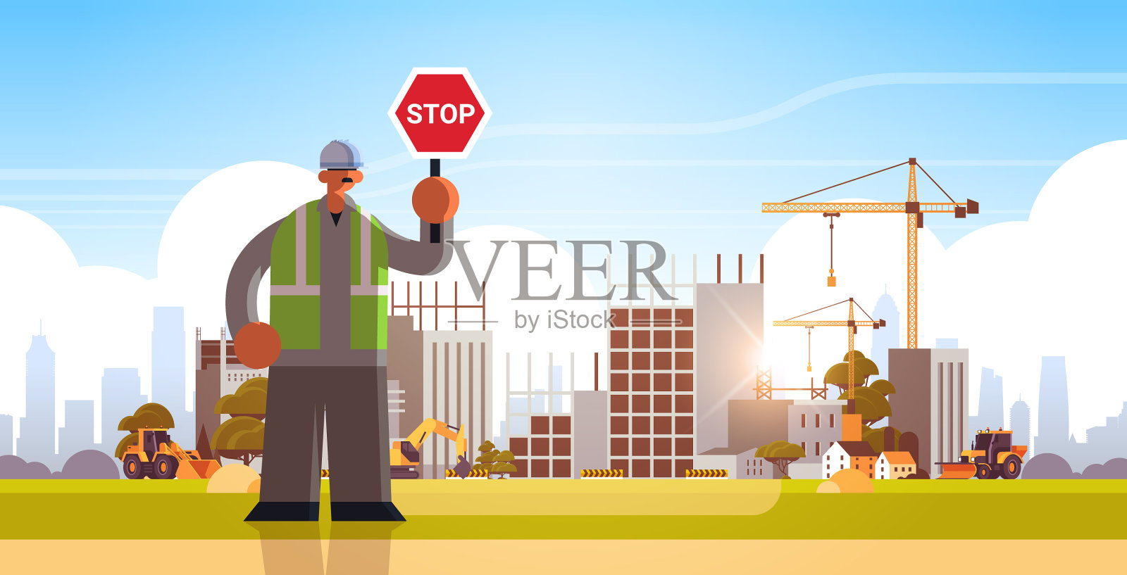 男性建筑工人保持停止标志关闭或阻塞插画图片素材