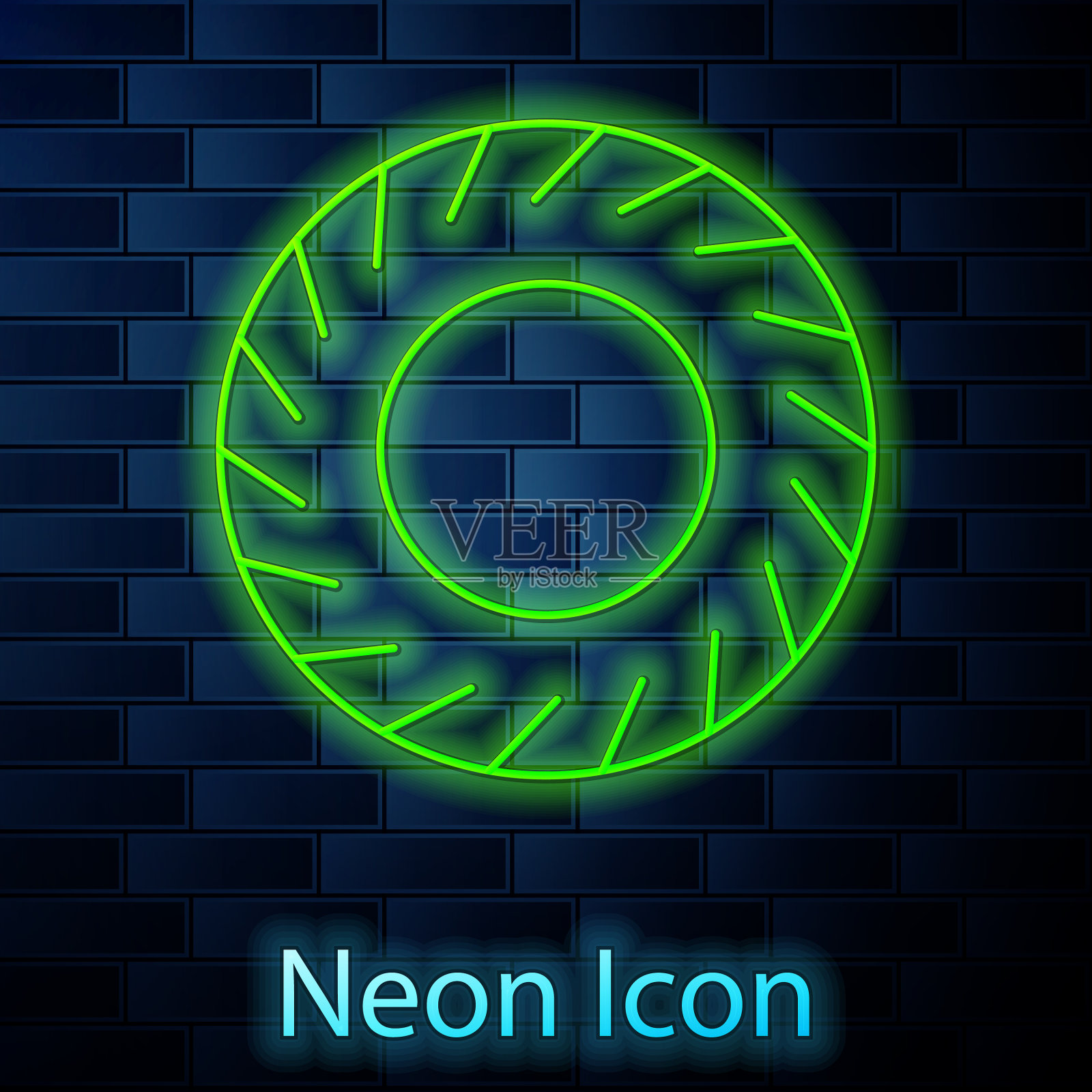 发光的霓虹灯线汽车轮胎图标孤立在砖块上插画图片素材