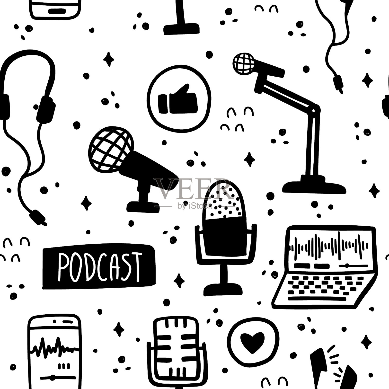 黑白播客元素无缝模式插画图片素材