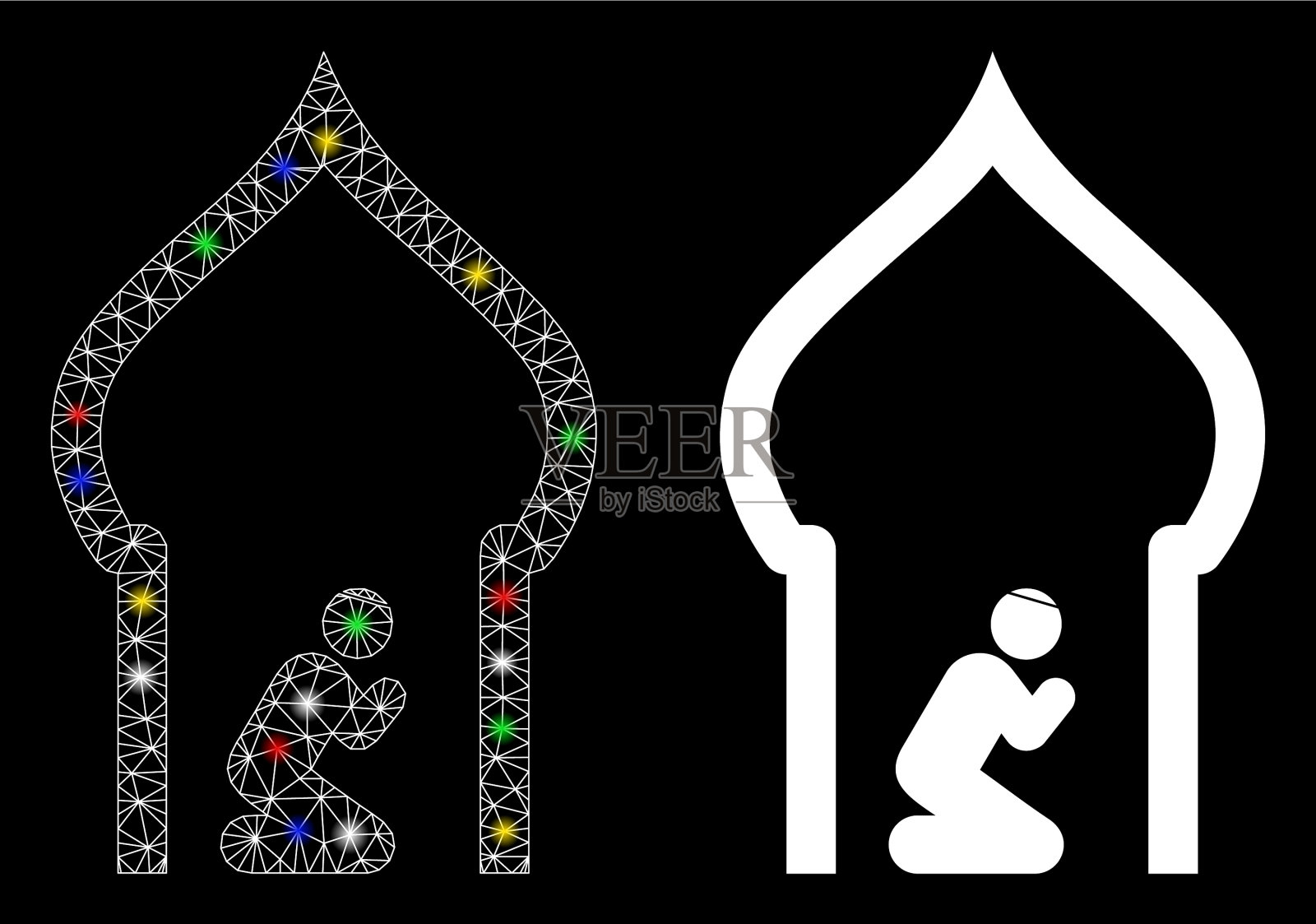 明亮的网格2d伊斯兰教堂图标与闪光插画图片素材