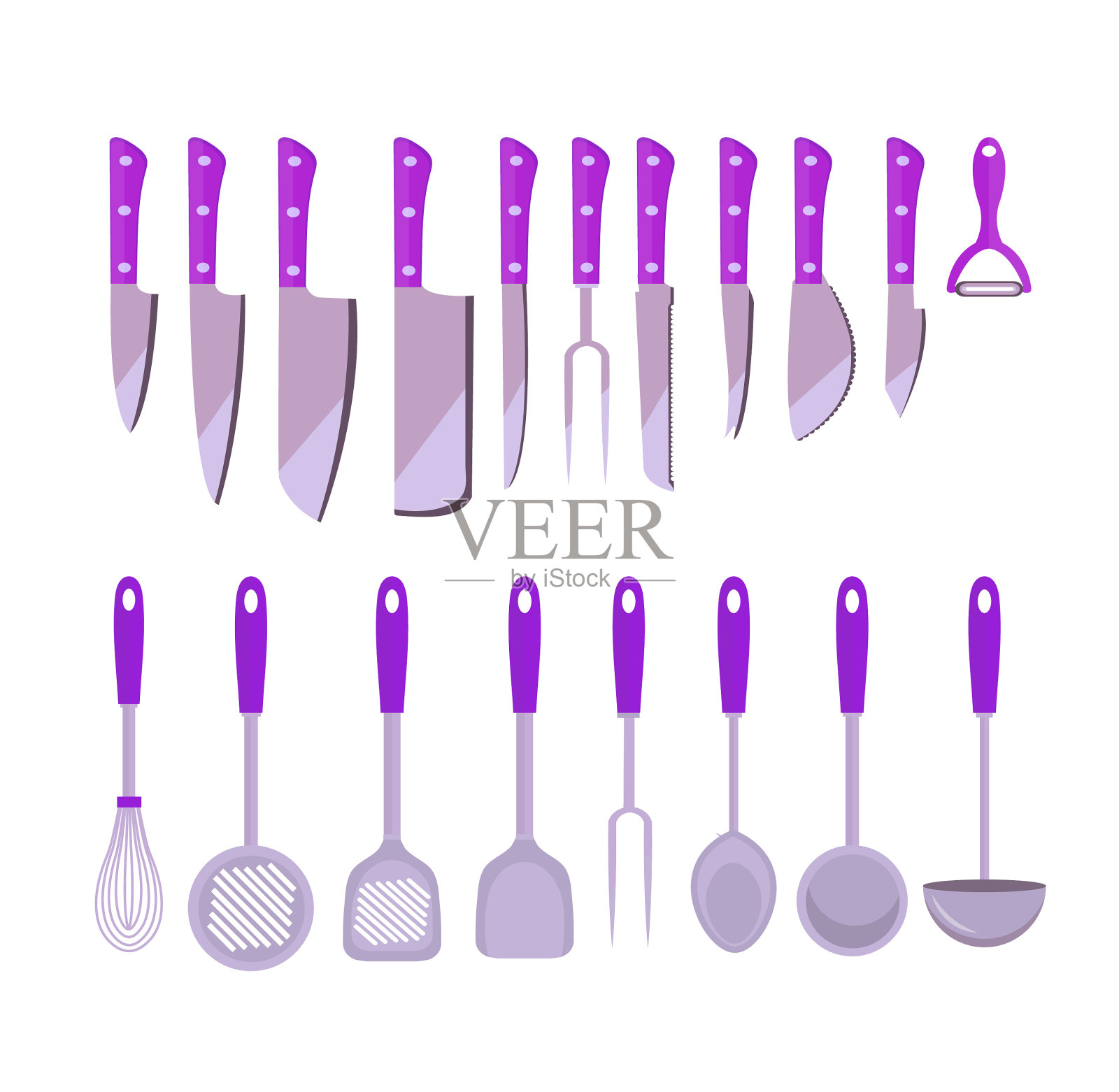 设置厨房工具的平底式炊具图标素材