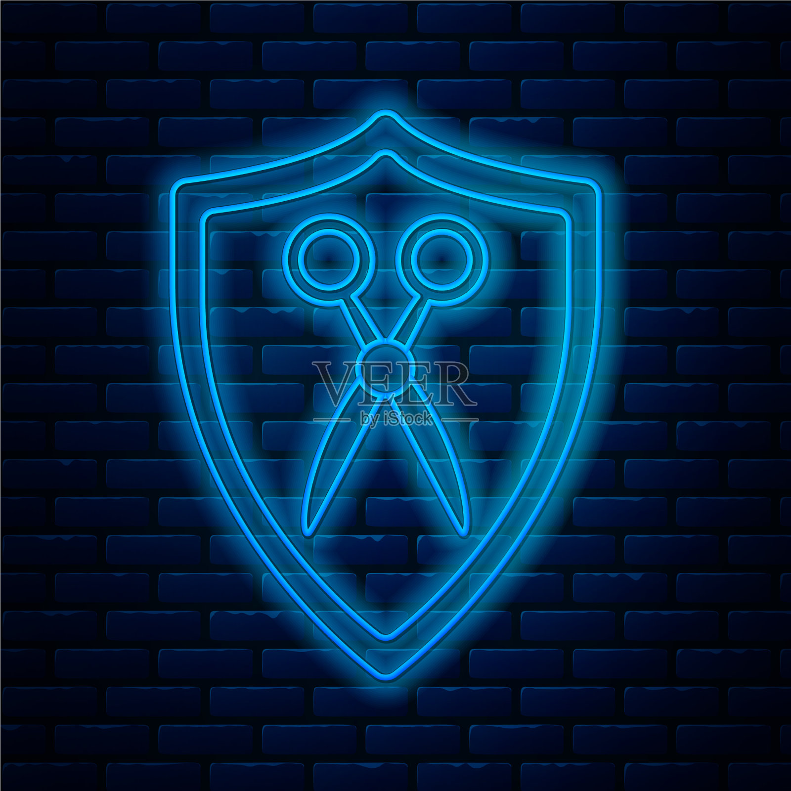 发光的霓虹线，剪刀，美发师和盾牌插画图片素材