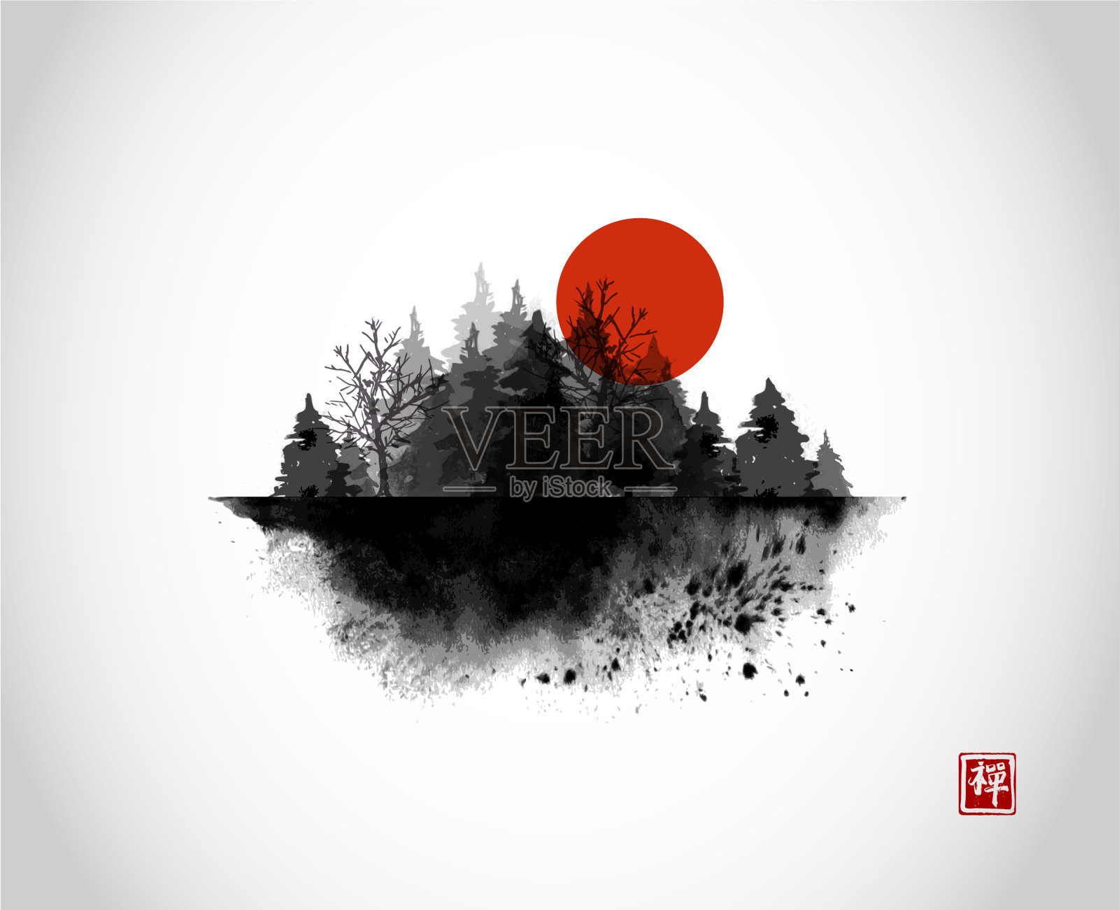 水墨画有大红日和黑野插画图片素材