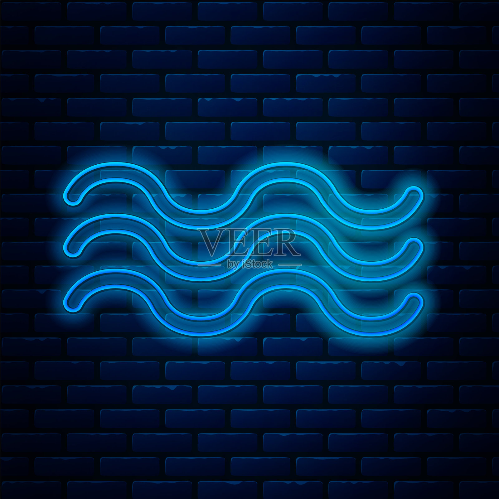 发光的霓虹灯线波图标孤立在砖块上插画图片素材