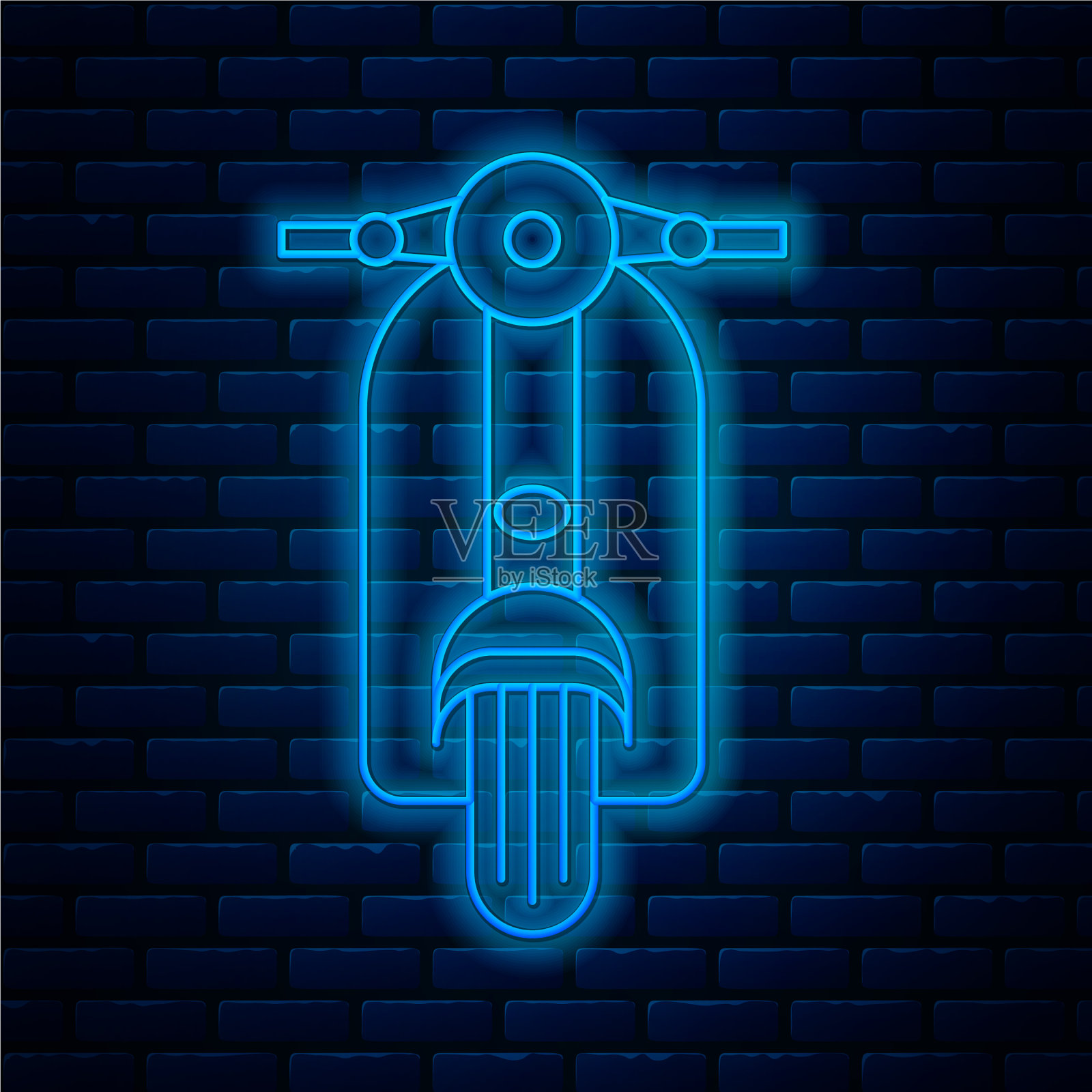 发光的霓虹灯线摩托车图标孤立在砖块上插画图片素材