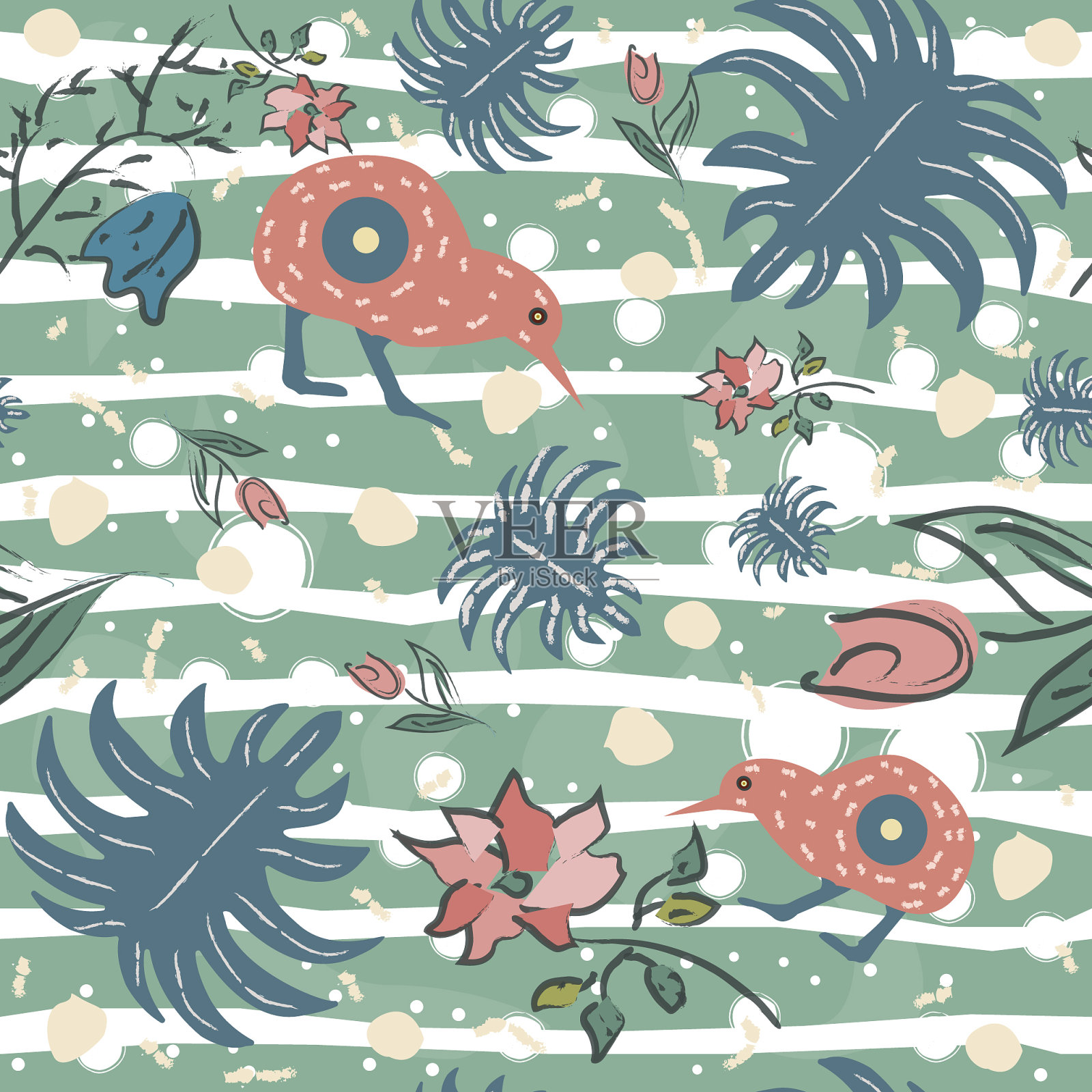 无缝花卉图案与奇异的猕猴桃插画图片素材