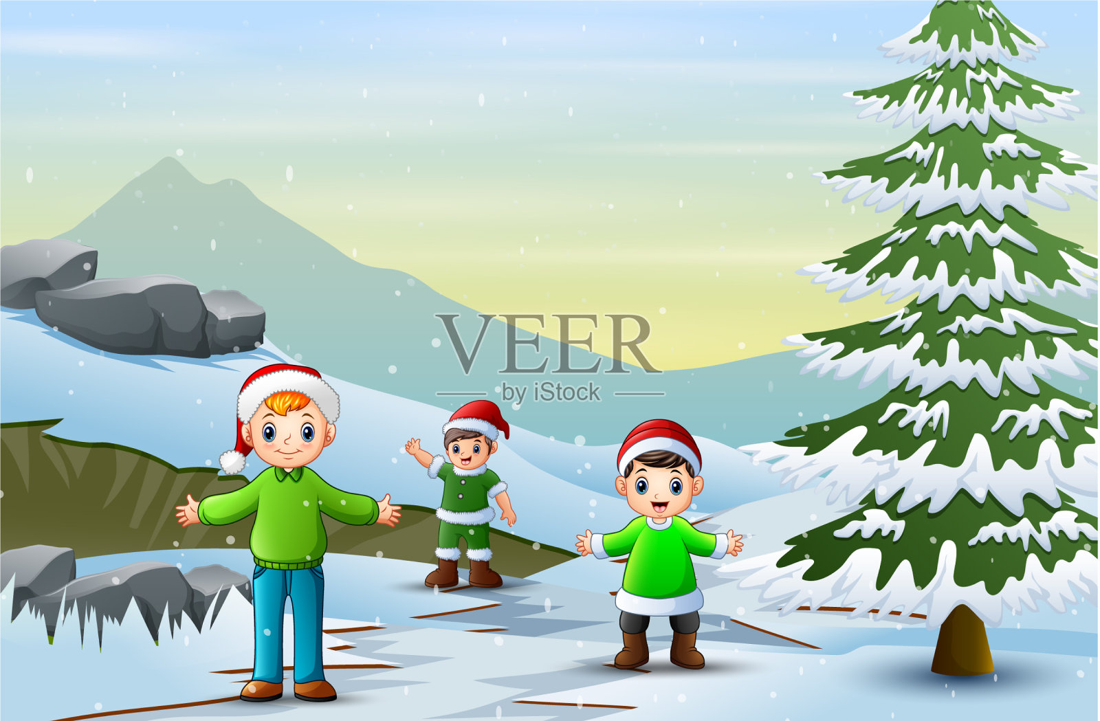 孩子们在冬天的海上走在积雪的路上插画图片素材