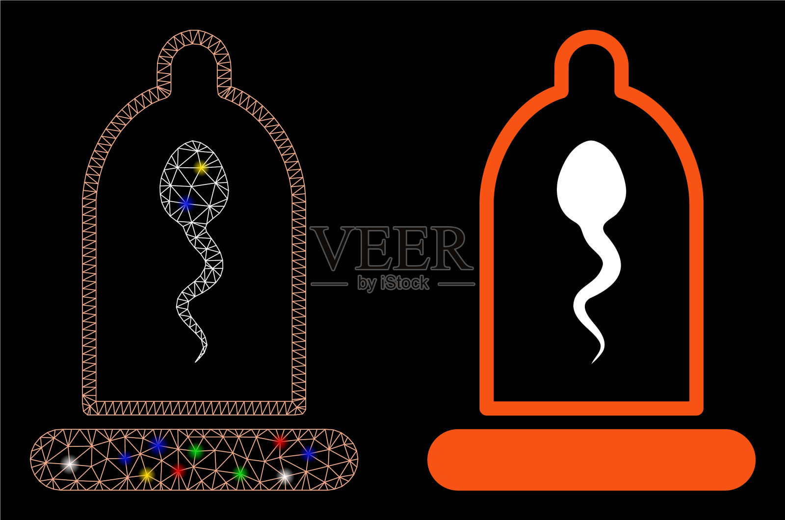 明亮的网状二维精子在避孕套图标与闪光插画图片素材