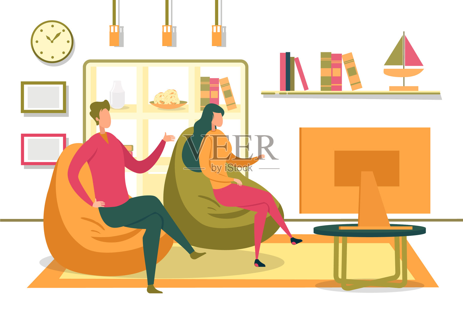 家人或朋友夫妇在房间看电视插画图片素材