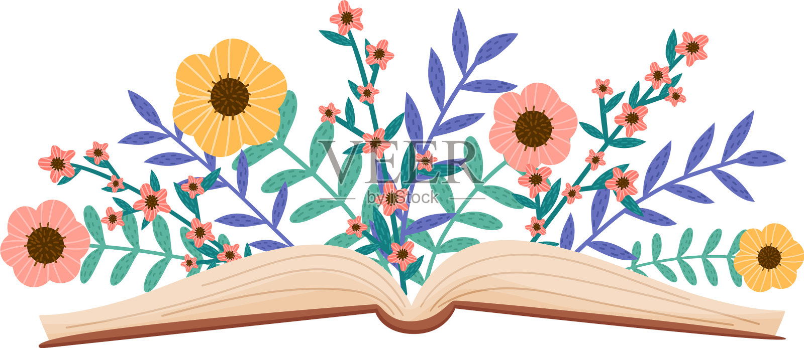 打开的书在硬封面与花卉的组成插画图片素材
