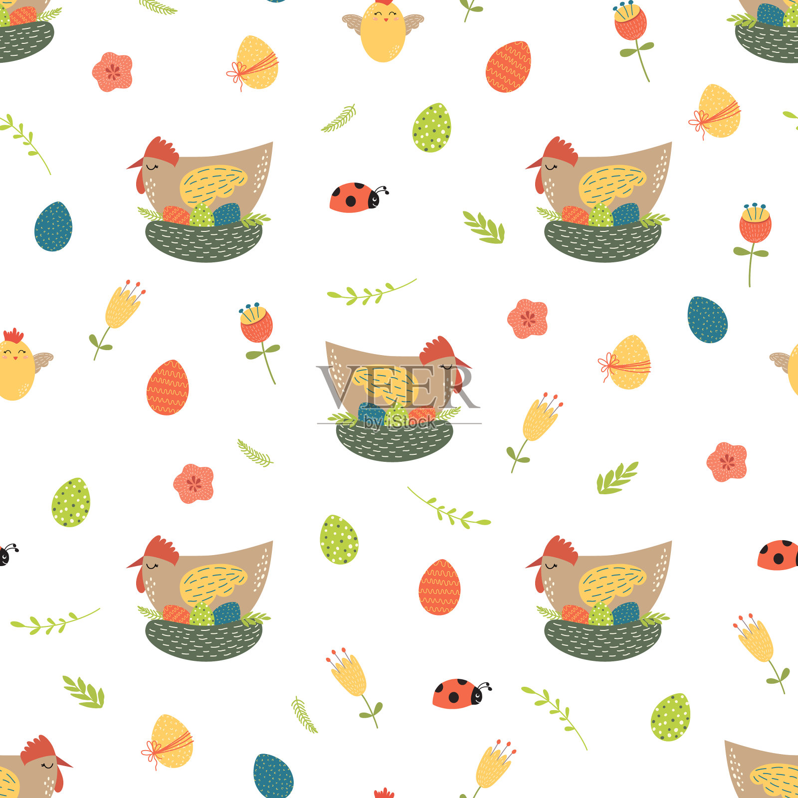 复活节鸡无缝图案可爱的鸡蛋插画图片素材