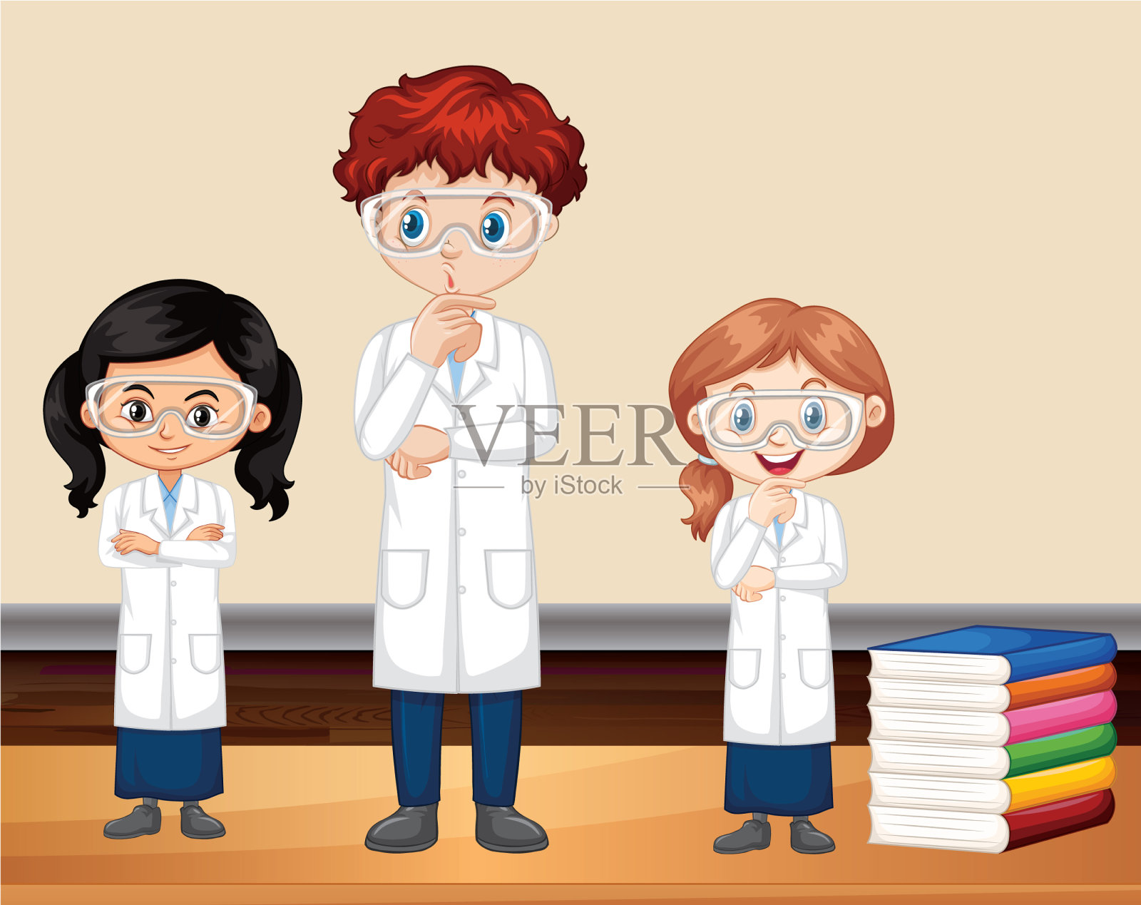 三个穿着科学袍的孩子站在房间里插画图片素材