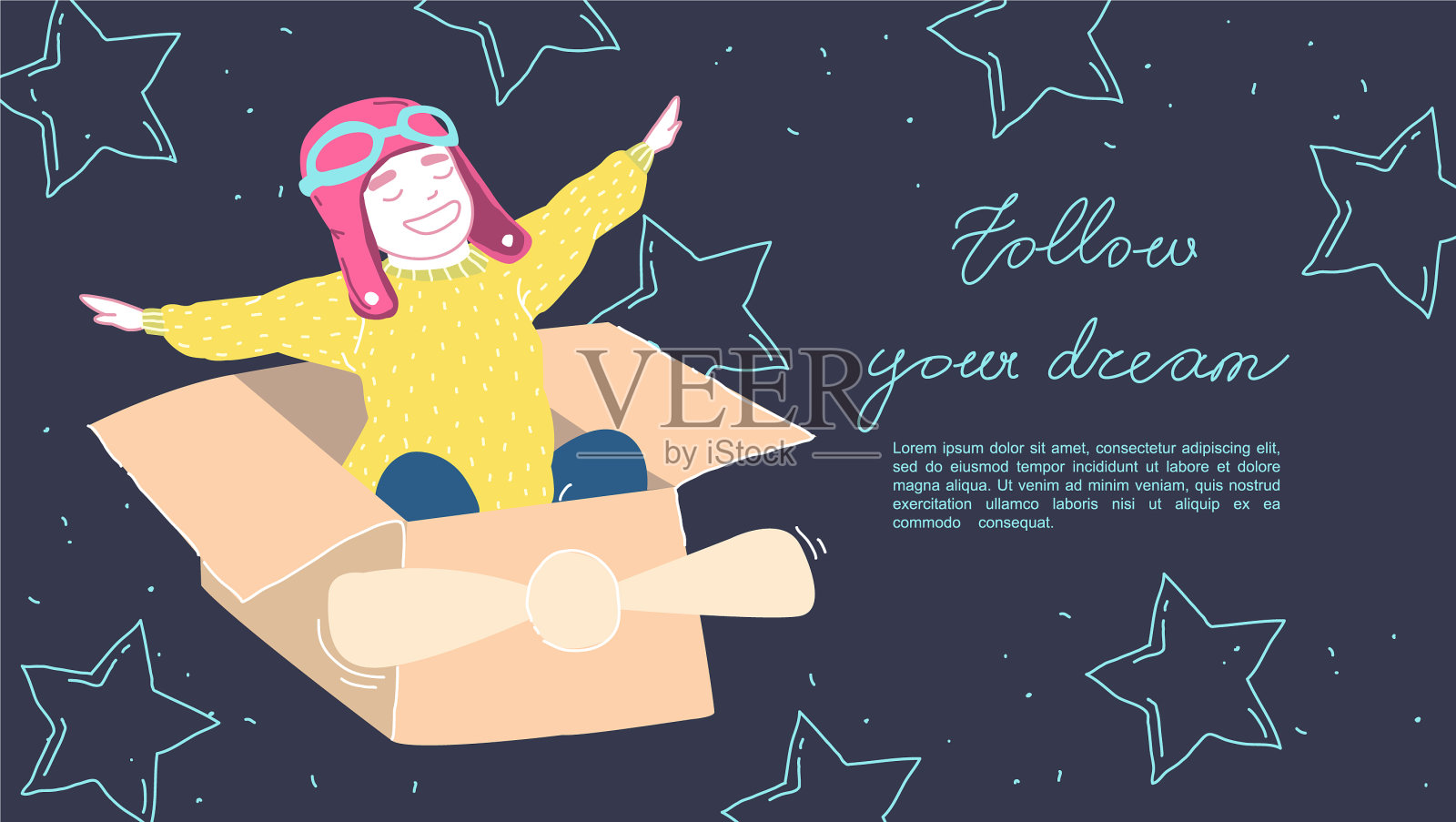 爱做梦的小男孩在玩纸板插画图片素材