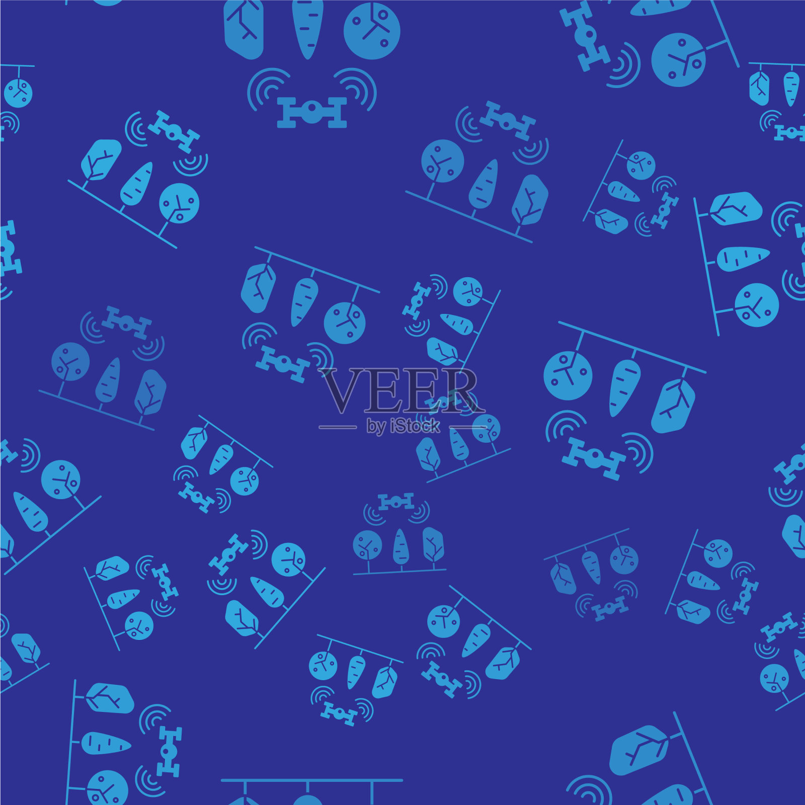 蓝色智能农场，无人机控制和树的图标插画图片素材