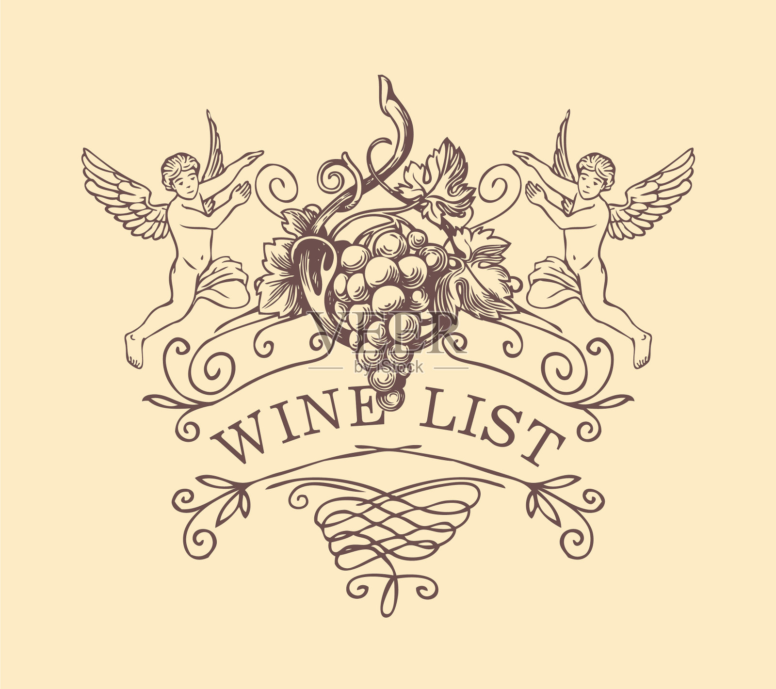 花饰天使和葡萄的酒单插画图片素材