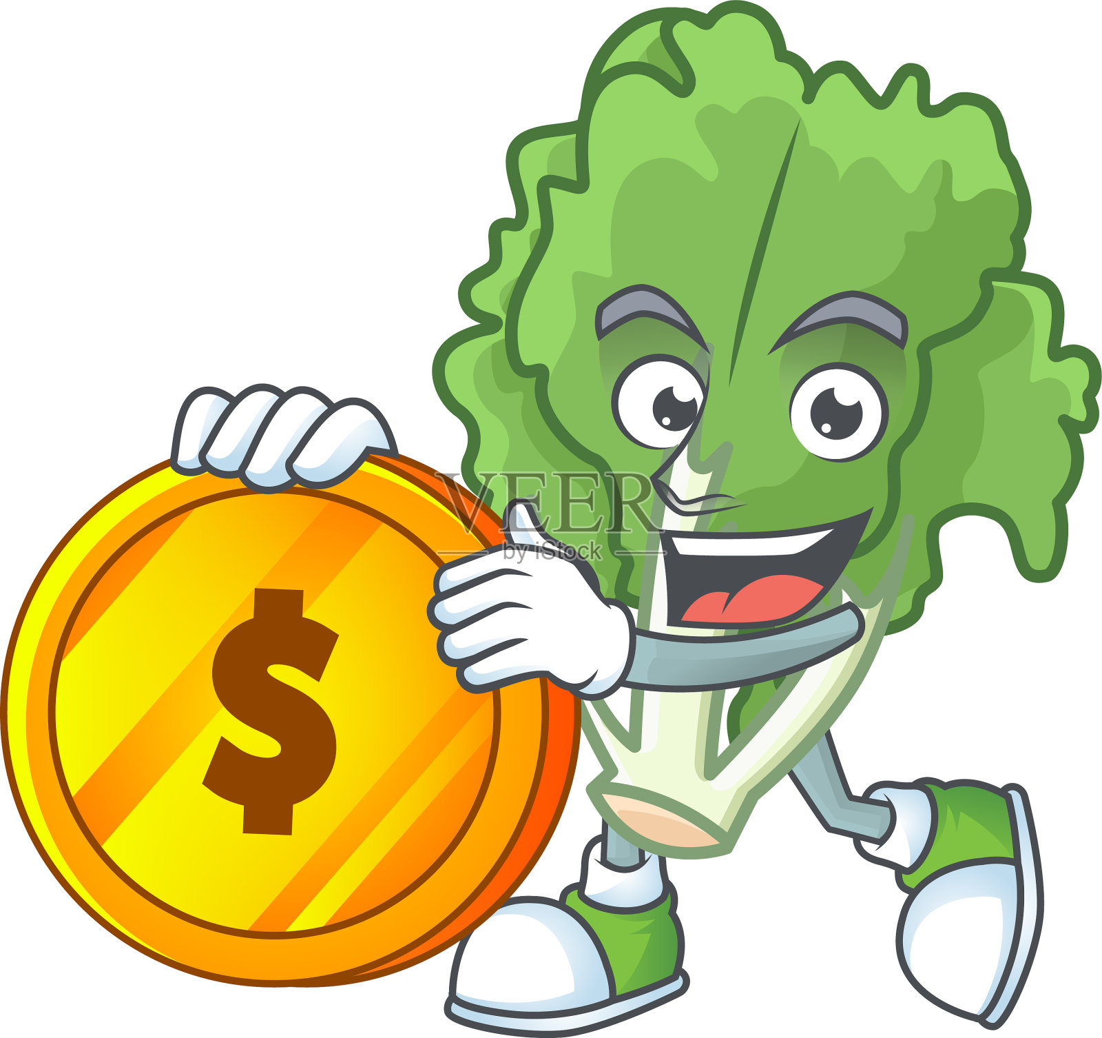 快乐的脸菊苣卡通人物与金币设计元素图片