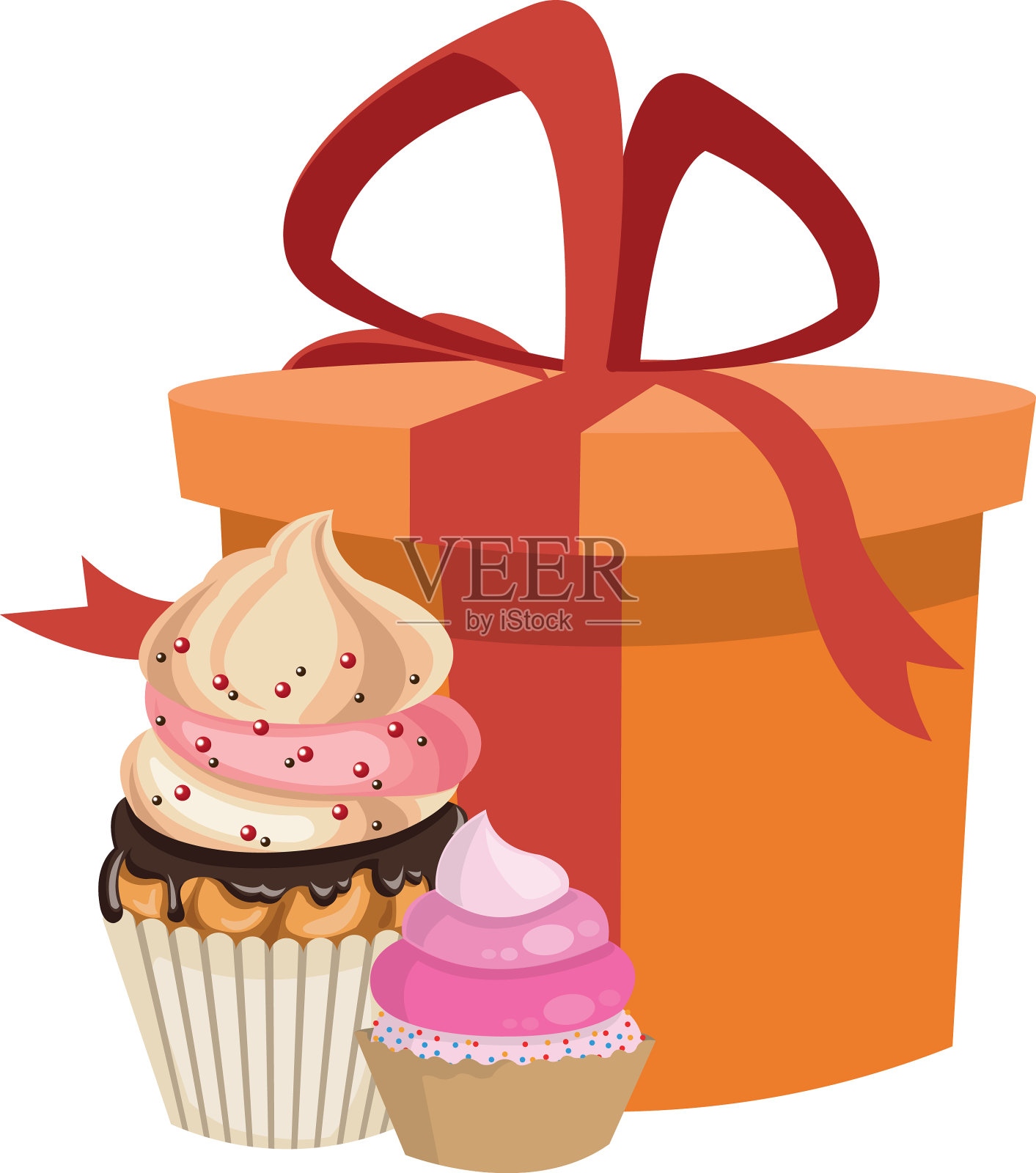 礼盒与甜的纸杯蛋糕图标彩色设计插画图片素材