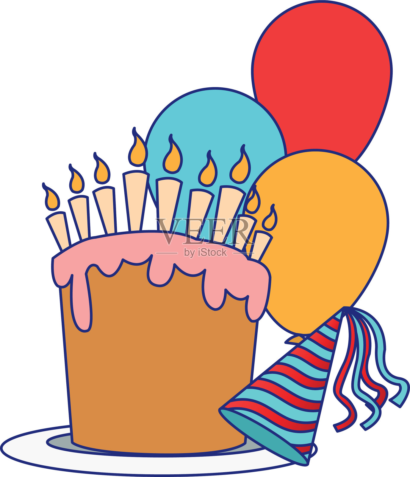 气球和派对帽的生日蛋糕插画图片素材
