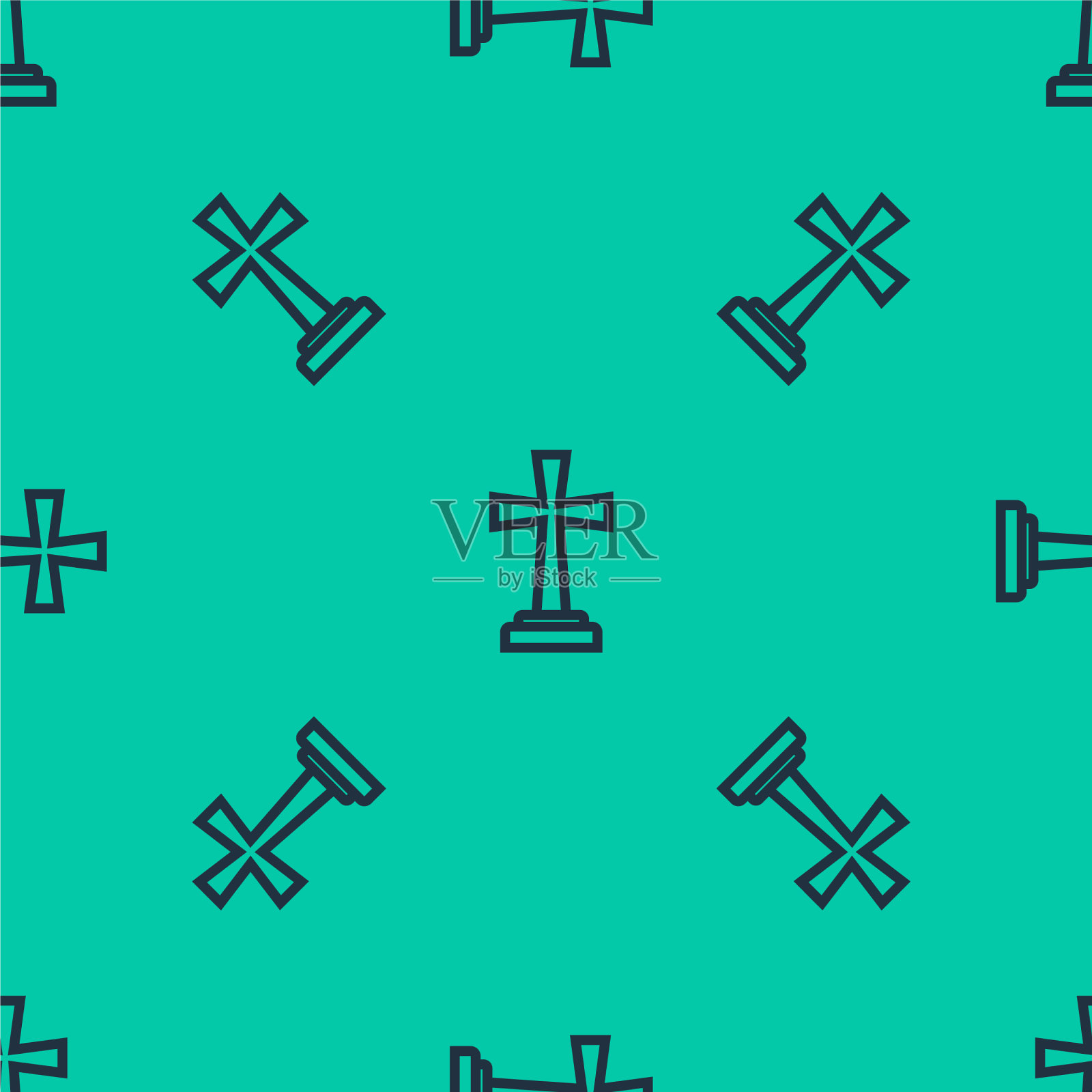 蓝线墓碑与十字图标隔离插画图片素材