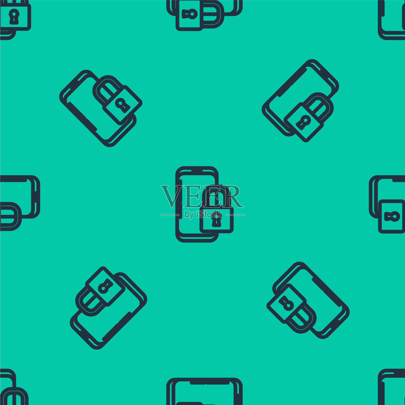 蓝线智能手机与关闭的挂锁图标插画图片素材