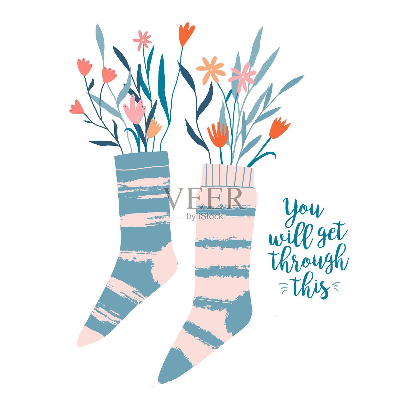 一双袜子，里面装满了花，树枝，树枝插画图片素材