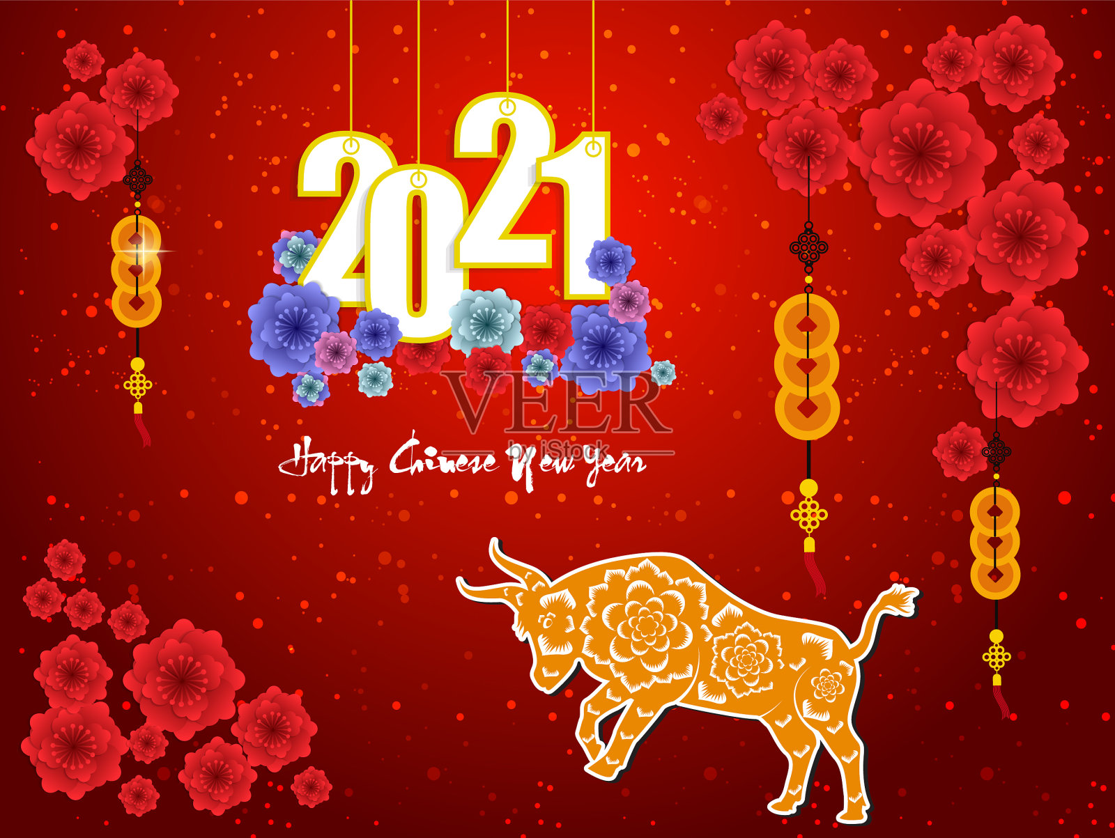 2021年春节快乐，牛花年插画图片素材