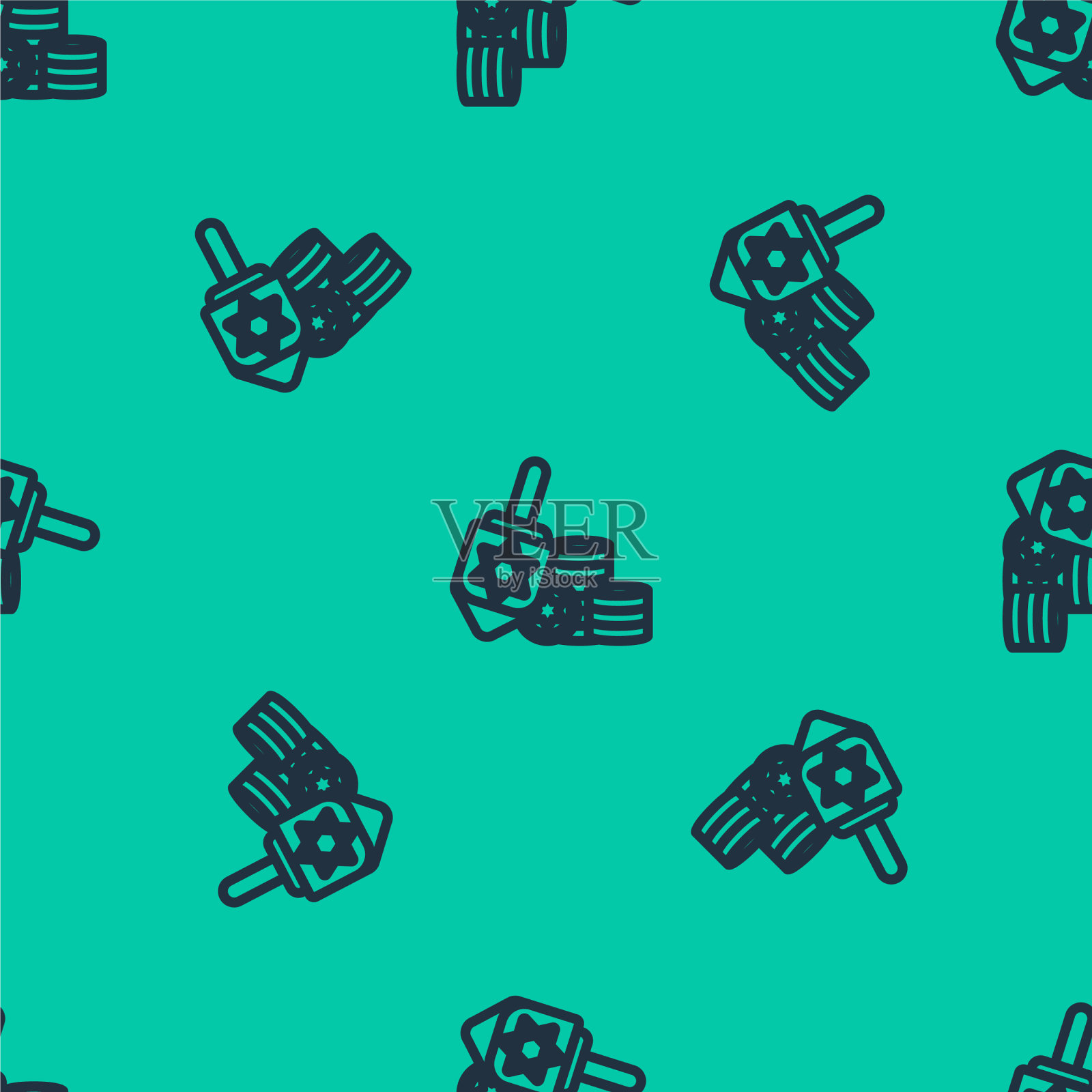 蓝色线光明节陀螺和硬币图标孤立插画图片素材