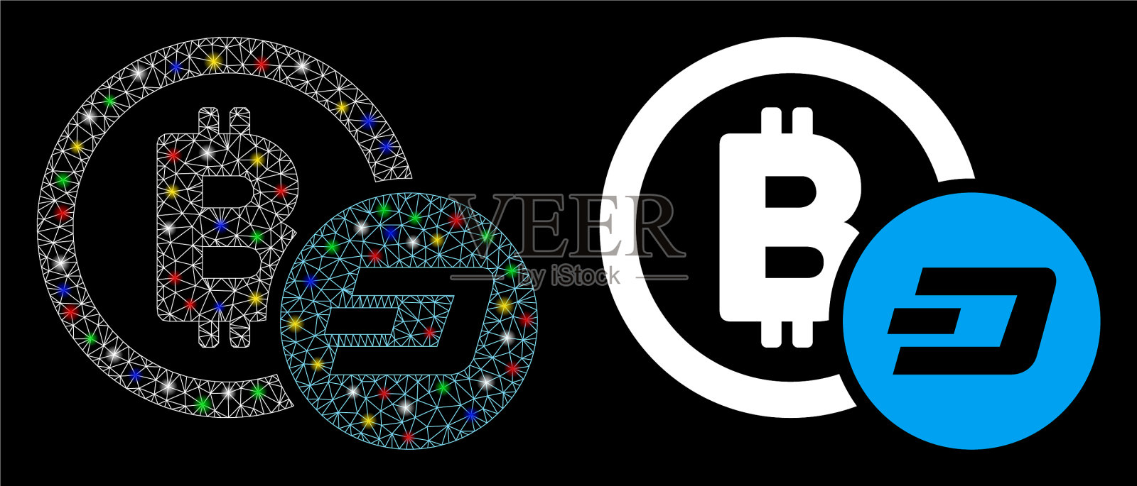 耀斑网线框比特币和破折号图标插画图片素材