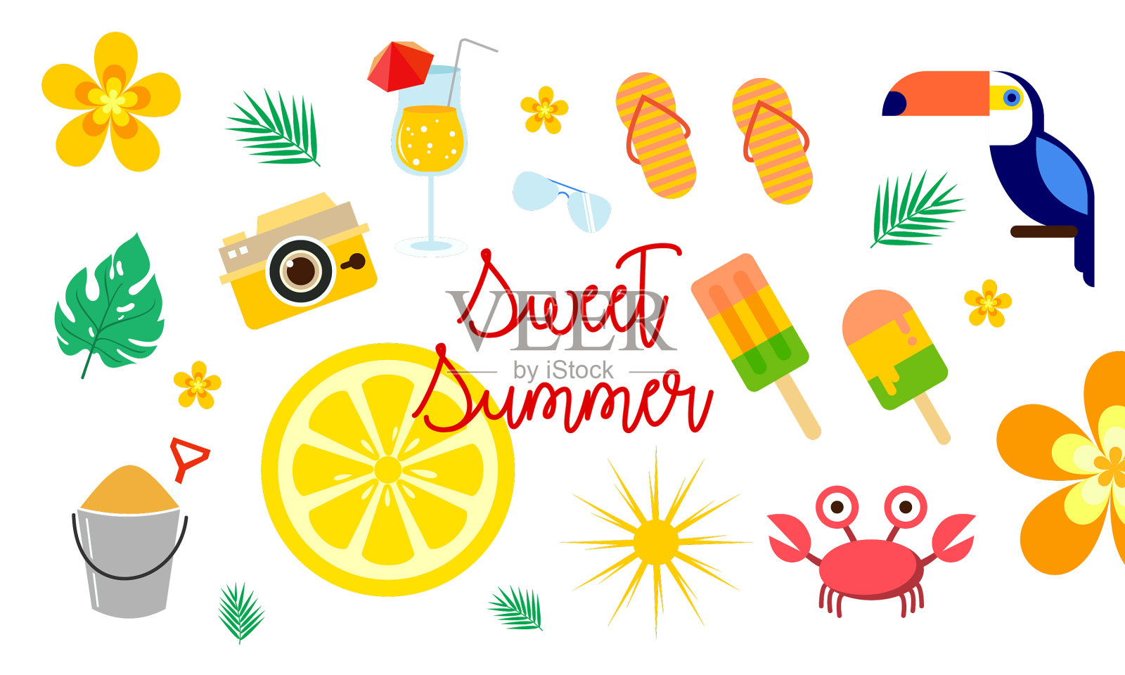 设定夏季和假期元素可爱的卡通插画图片素材