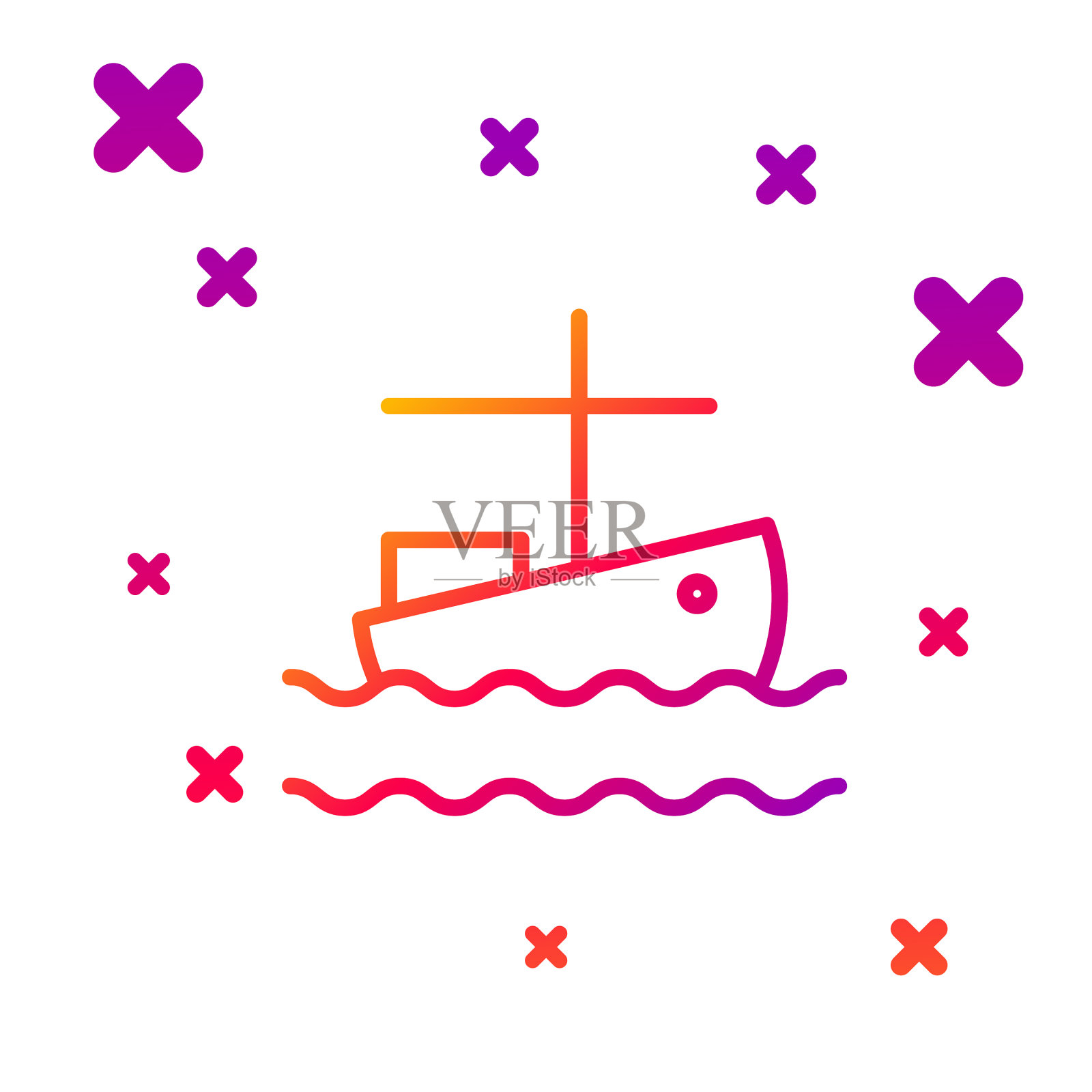 彩色线渔船上的水图标孤立插画图片素材